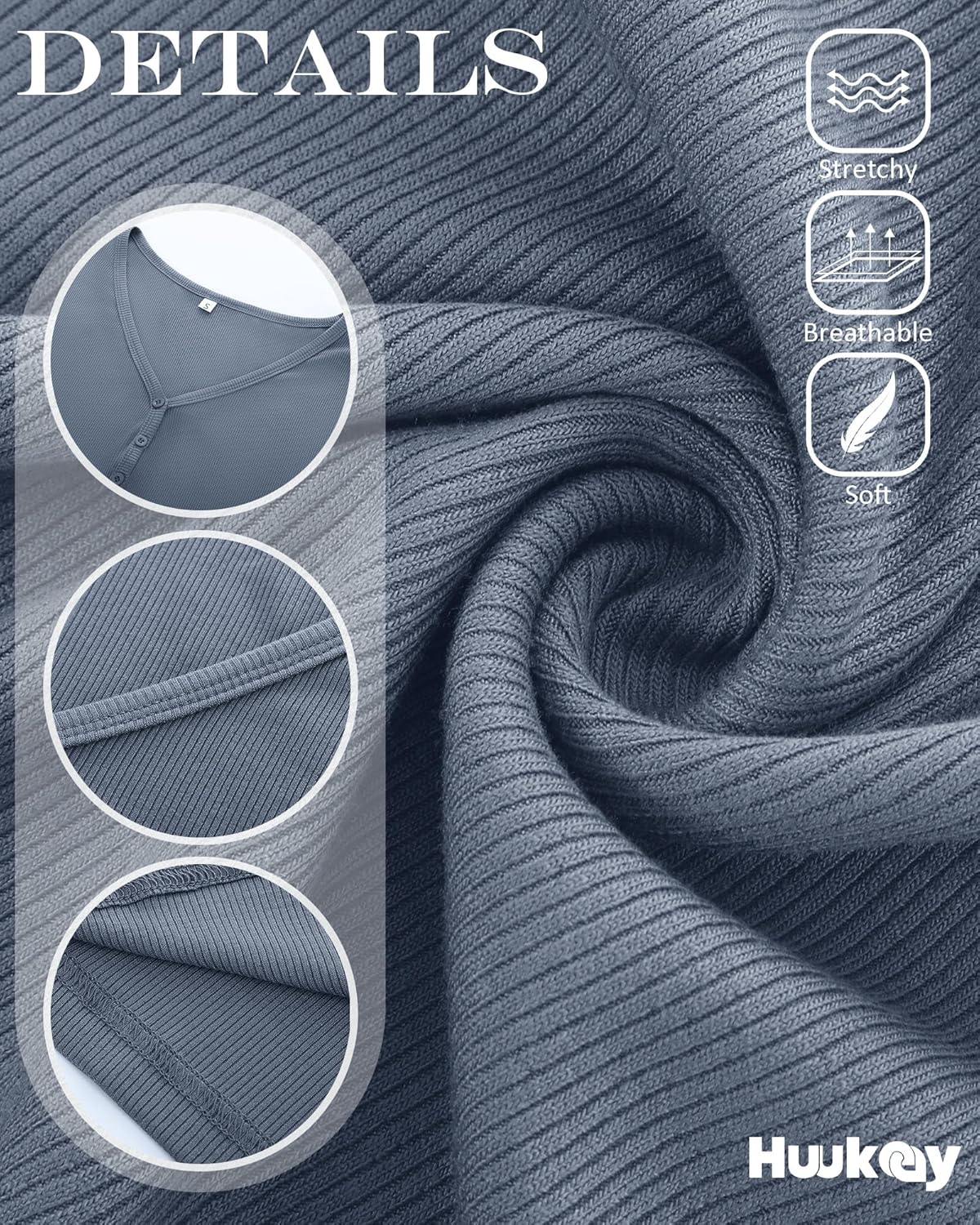 Huukeay 3 Pack Women's Henley T Shirts V Neck Button Short Sleeve Tees Ribbed Knit Slim Fitted Basic Casual Tops - Image 4