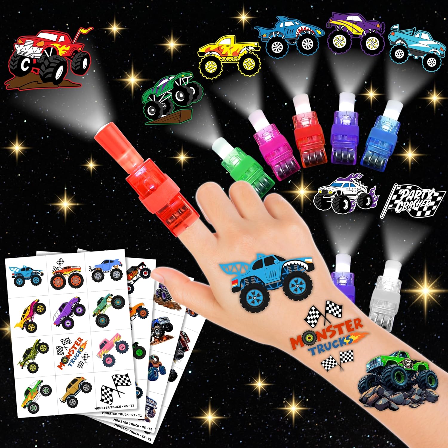 72 PCS Monster Truck Party Favors - 48 PCS Temporary Tattoos & 24 PCS LED Finger Lights Combo - Birthday Goodie Bag Fillers, Light Up Toys, Party Supplies for Kids