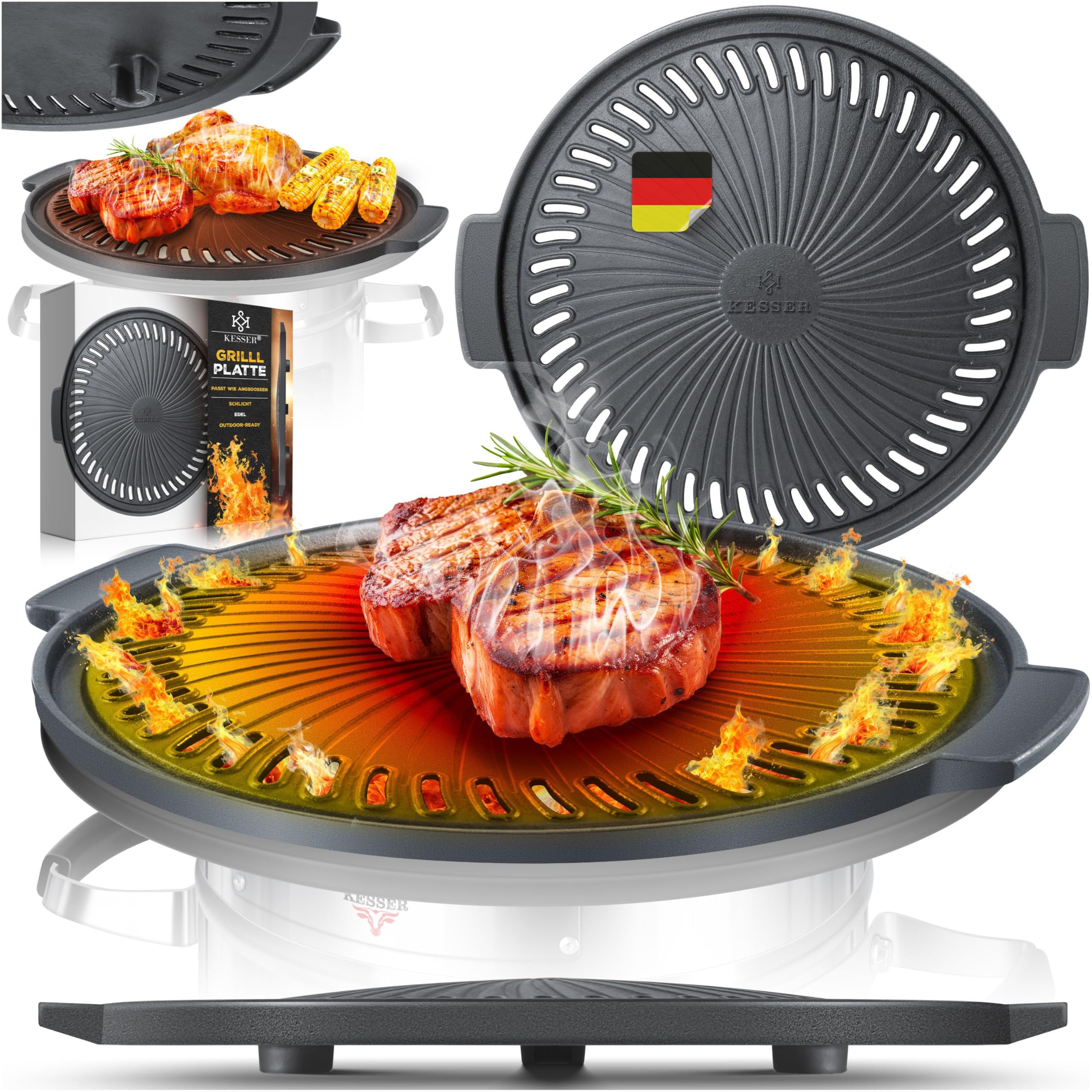 KESSER® Grillplatte für Raketenofen, Grillplatte aus Gusseisen für Dutch Oven BBQ Rakete Holzofen Camping Campingkocher Campinggrill, Leicht zu reinigen, für Fleisch und kleine Grillstücke