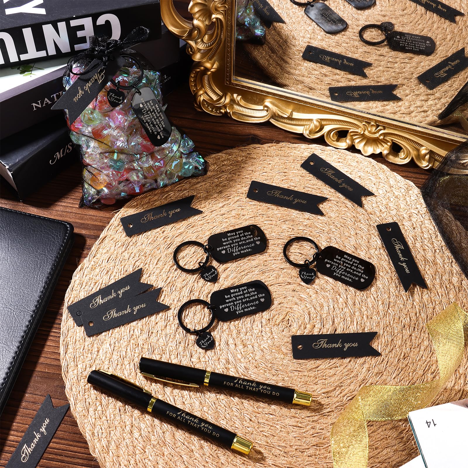 ULELE 48 Pcs Employee Appreciation Gift With Thank You Pens,Black Employee Thank You Cards,Organza Bags,Keychains,Bulk Thank You Gift for Coworkers Staff Teacher Doctor Team Volunteer Social Worker - Image 3