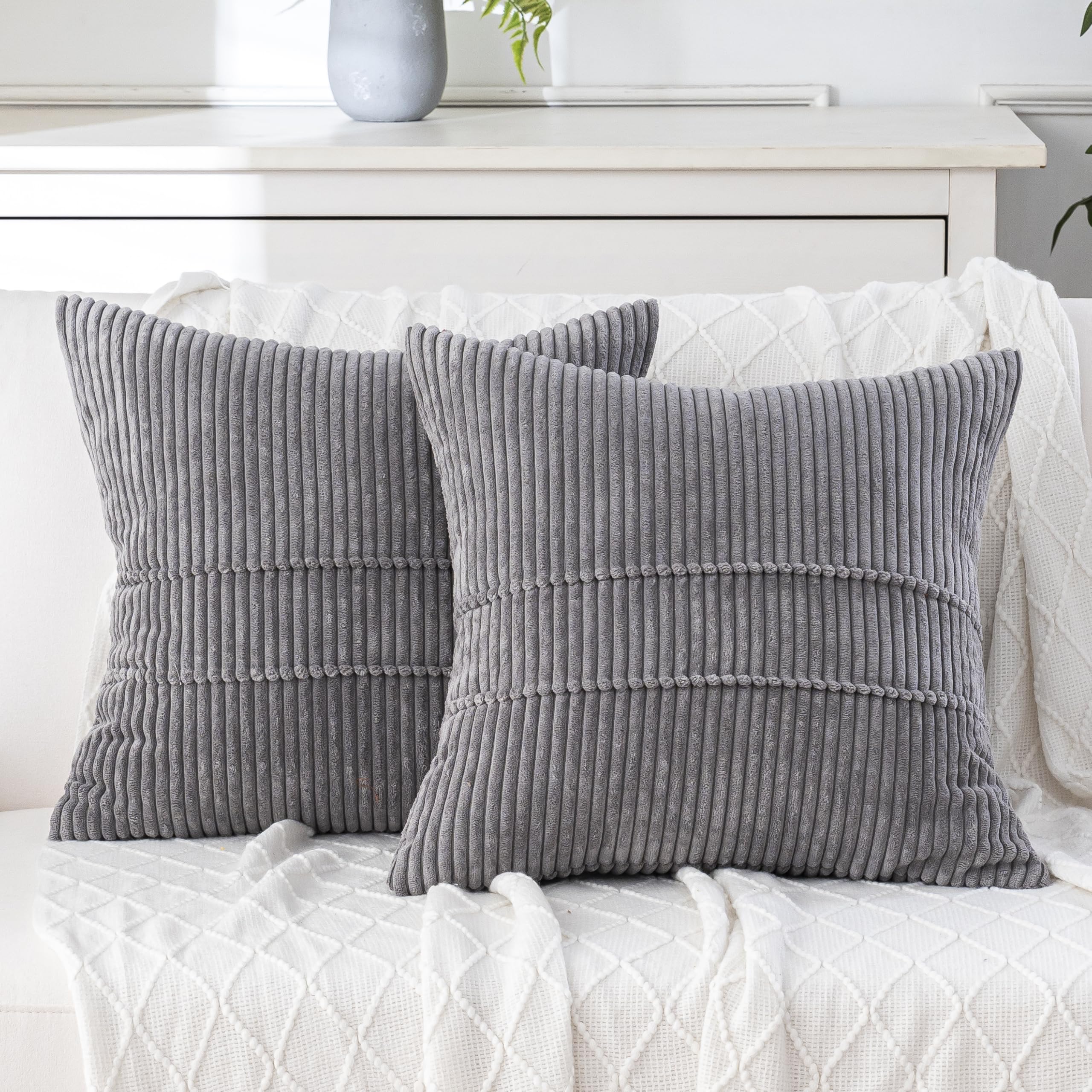 rdqrdq decorative throw pillow covers set of 2 ?rustic farmhouse boho home decor, soft plush striped corduroy square cushion case 18"x18"dark grey