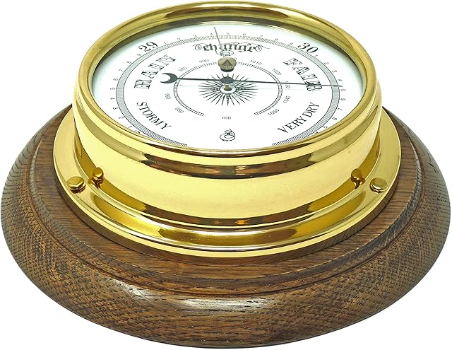 Tabic Traditional Brass Barometer and English Oak Mount, Heavy Lacquered Brass Case (1/2kg), Ships Yacht Boat Sailing Wall Weather Clock, Solid English Oak Mount, Handmade in England