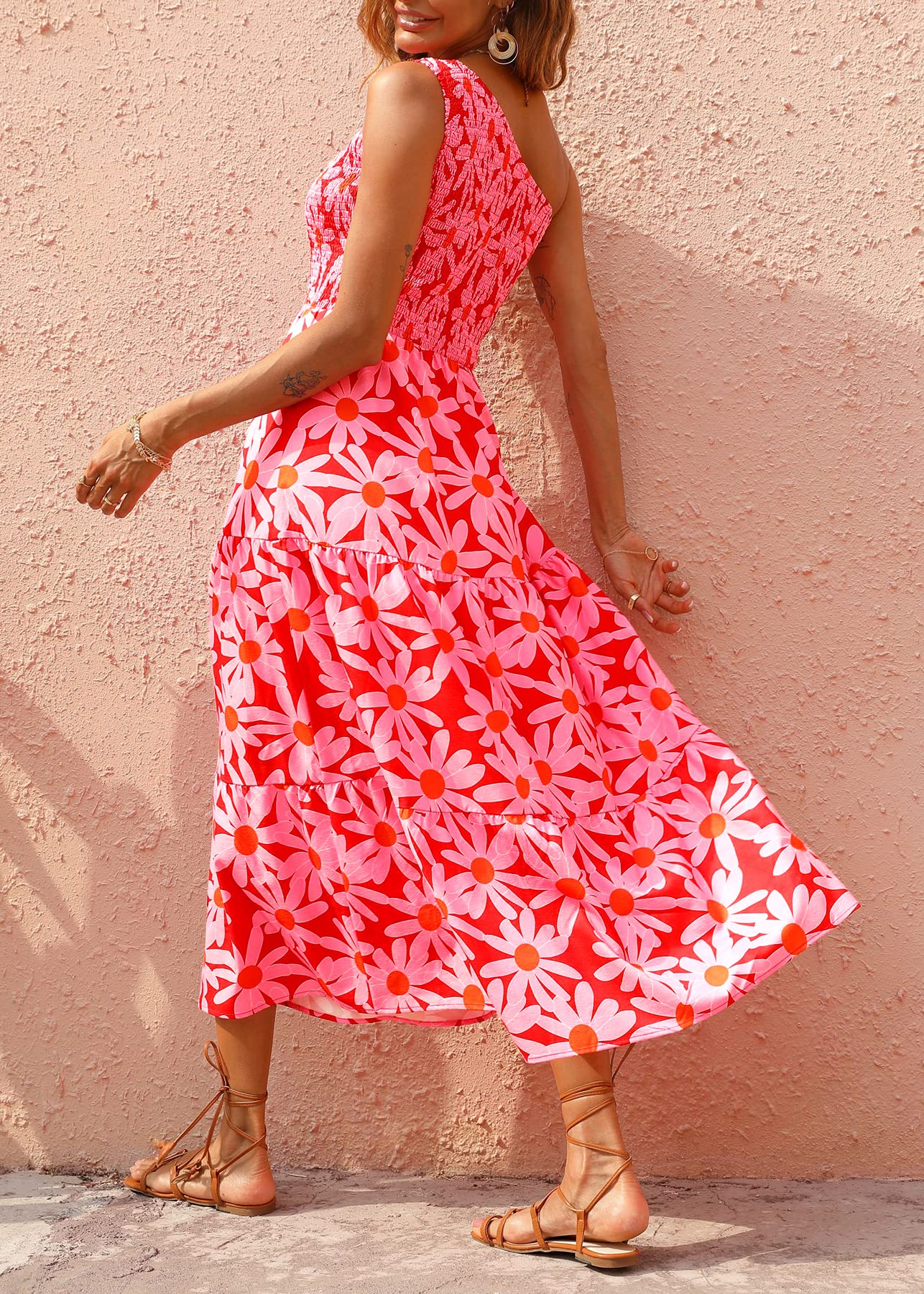 BTFBM 2025 Summer One Shoulder Dresses for Women Casual Sleeveless High Waist Floral Flowy Smocked Boho Beach Maxi Dress