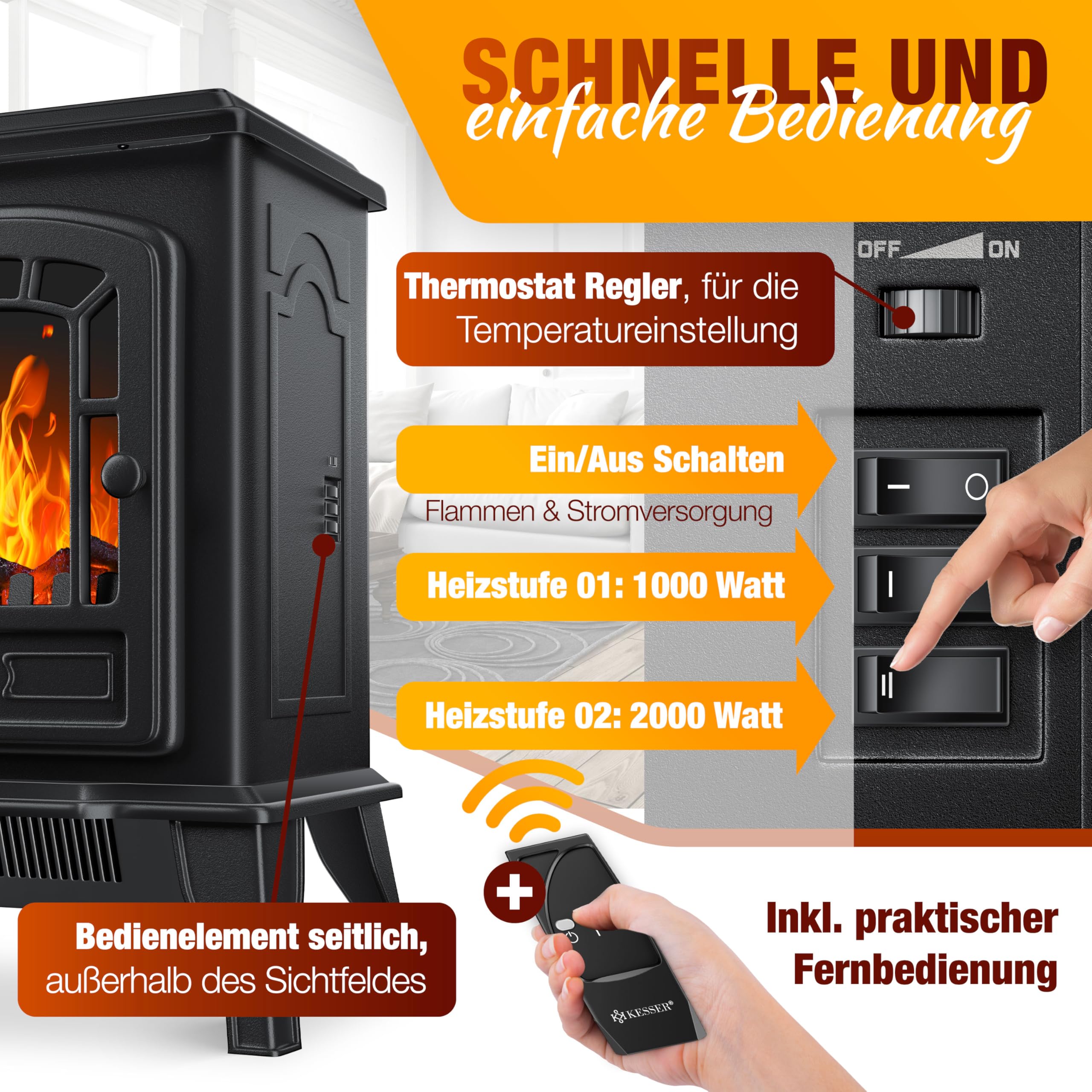 Kominek elektryczny KESSER® z termowentylatorem, kominek elektryczny 2000 W, ogrzewanie elektryczne LED efekt kominka, kominek, efekt płomienia, grzałka, piecyk, cichy, regulowany, czarny
