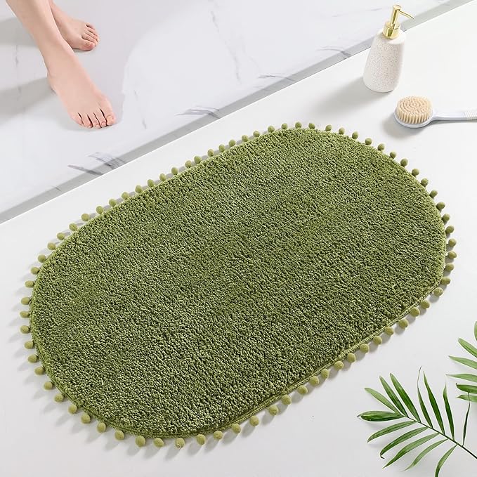 YIRDDEO Olive Green Pom Bath Rug for Bathroom Non Slip, Cute Boho Pom Oval Absorbent Shower Mat, Plush Soft Washable Rug (20x30 inches)