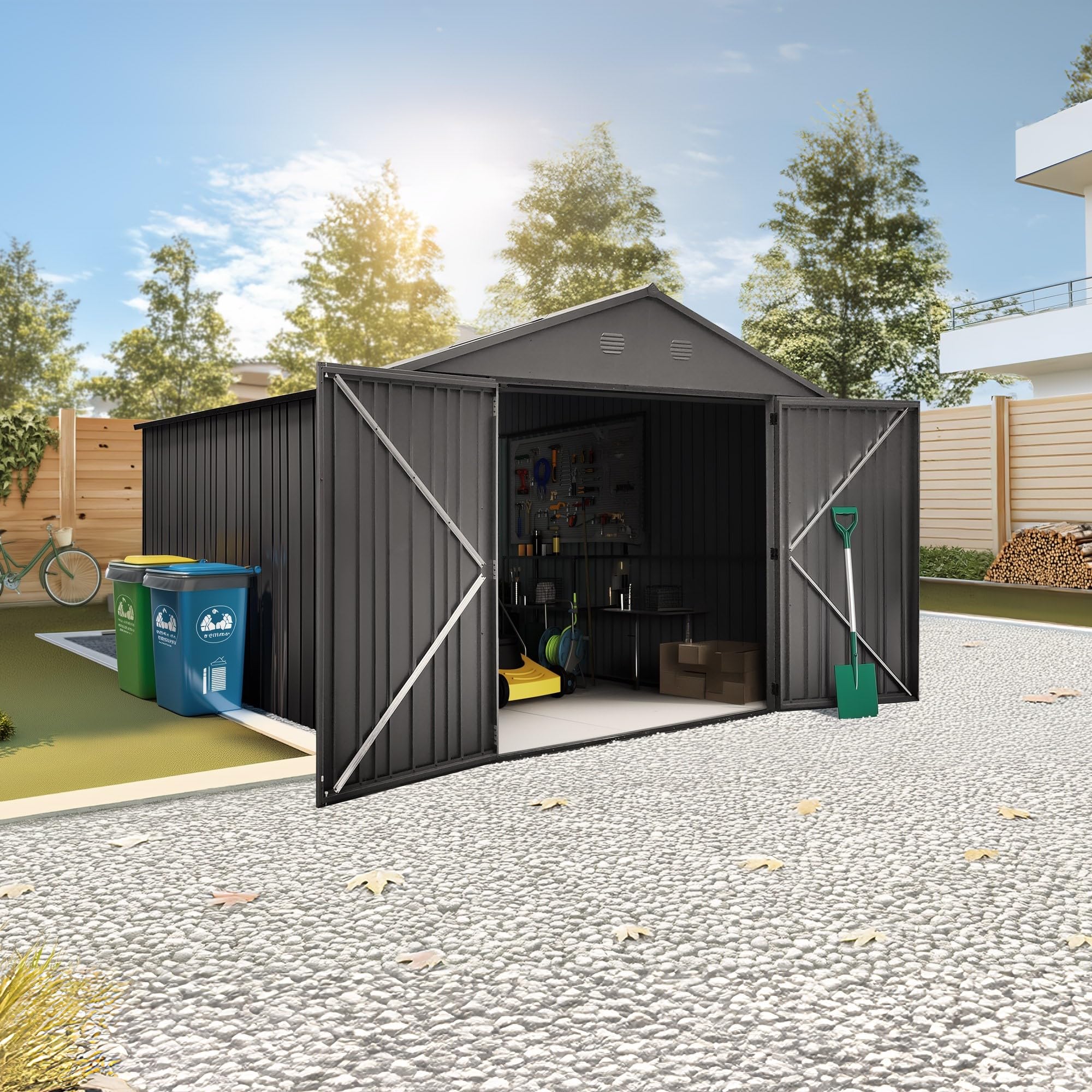 Hoggar – Caseta Jardín Exterior Pioneer Y130 – Montaje con Estructura Autoportante – Doble Puerta Reforzada – Cierre con Llave Incluida – Columnas en V - Techo Robusto – Cobertizo Metálico 12,46m2
