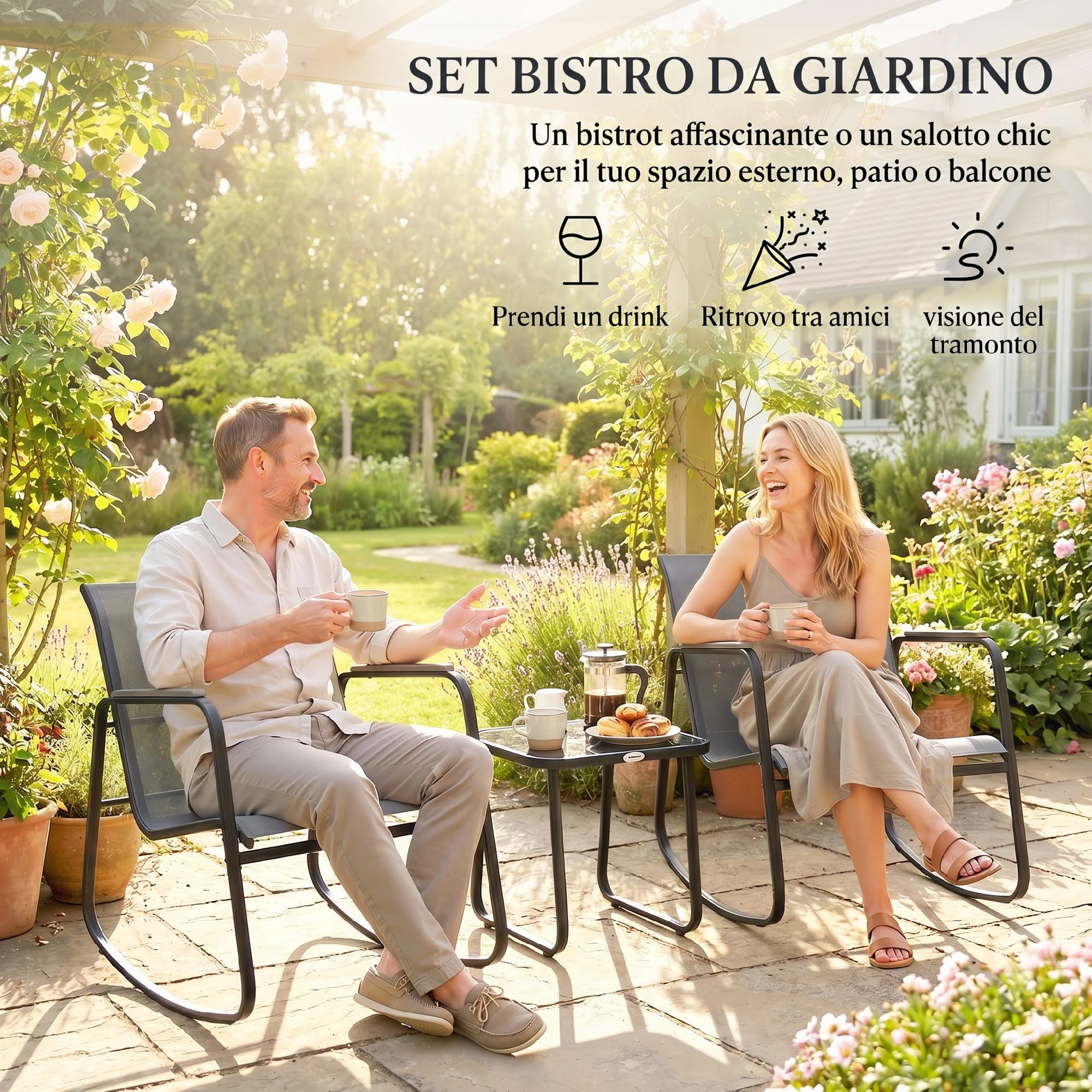 Outsunny Set da Bistrò da 3 Pezzi, Set Tavolo e Sedie da Giardino in Acciaio con 2 Sedie a Dondolo Traspiranti in Texteline e Tavolino in Vetro, per Patio Balcone, Grigio
