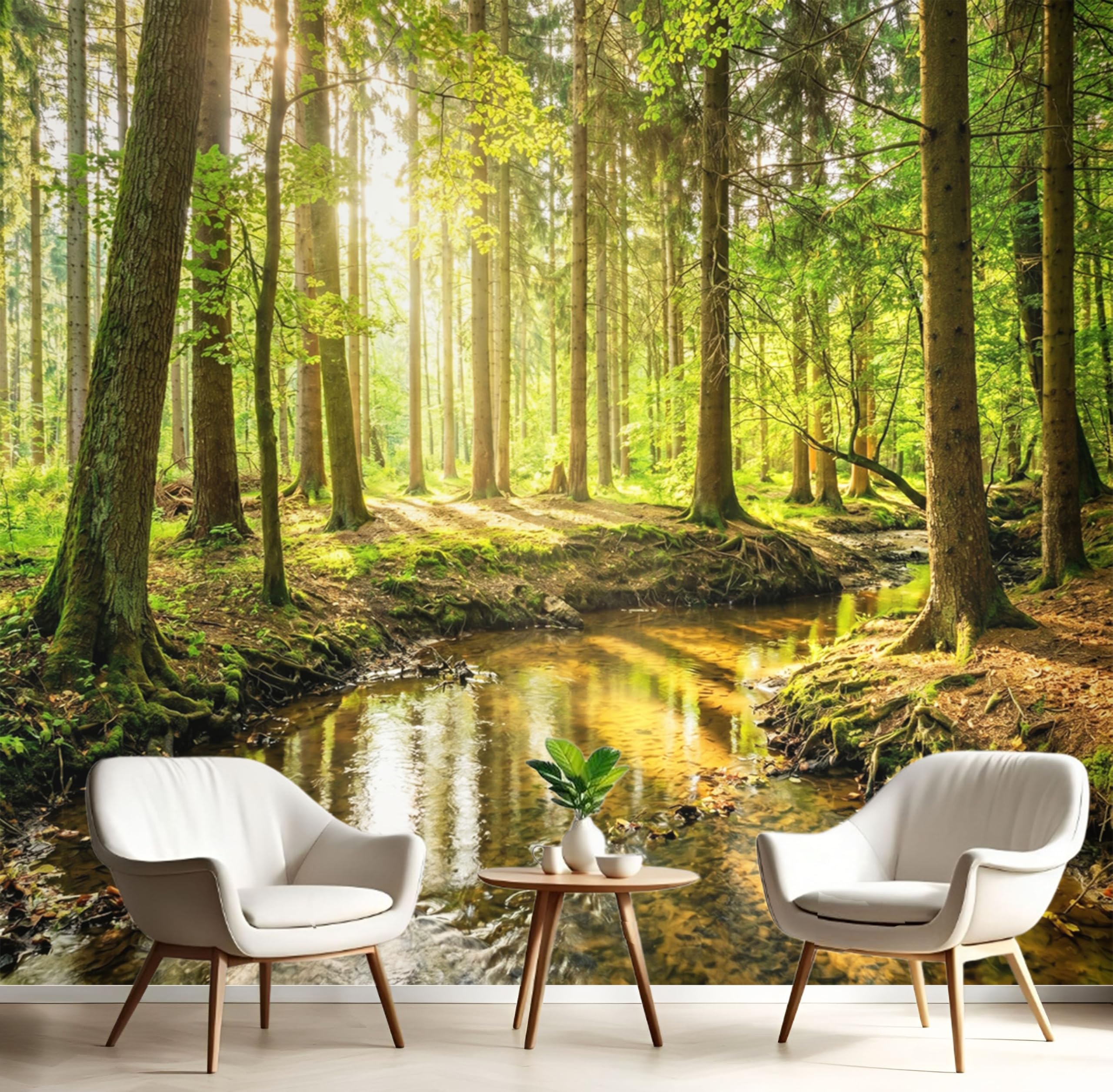 Papier peint panoramique forêt ensoleillée poster XL 200x140 cm décor vert olive pour salon