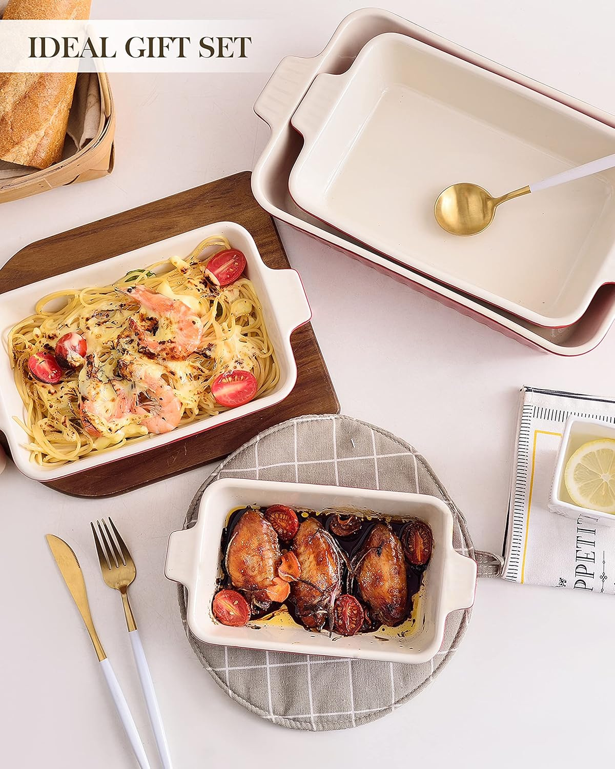 MALACASA Bakeware Set of 4, Porcelain Baking Pans Set for Oven, Casserole Dish, Ceramic Rectangular Baking Dish Lasagna Pans for Cooking Cake Pie Kitchen, Red(9.4"/11.1"/12.2"/14.7"), Series BAKE.BAKE: Home & Kitchen