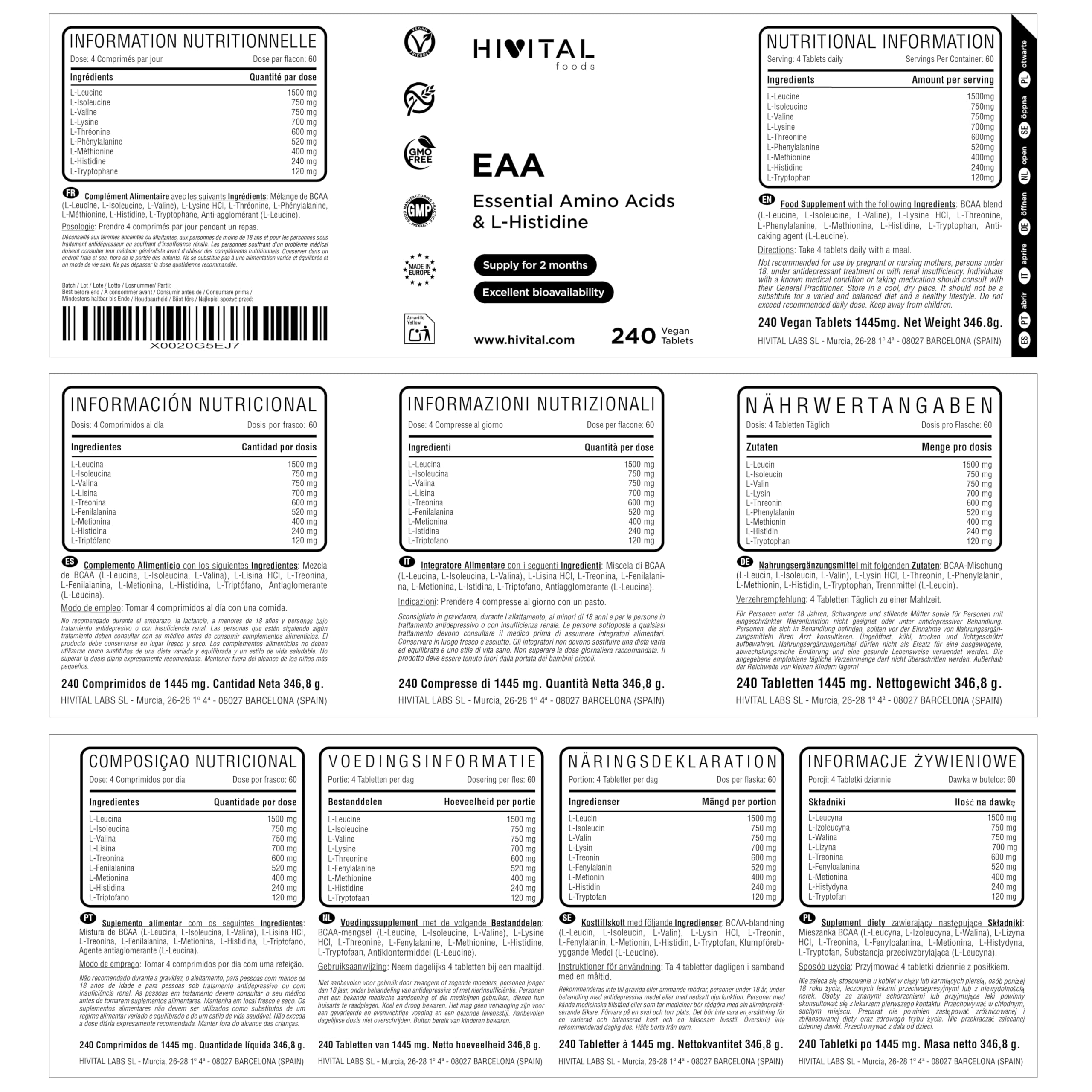 EAA Acides Aminés Essentiels. 240 comprimés végétaliens pour 2 mois de traitement. 9 Acides Aminés Essentiels. Fabriqué en Europe par HIVITAL