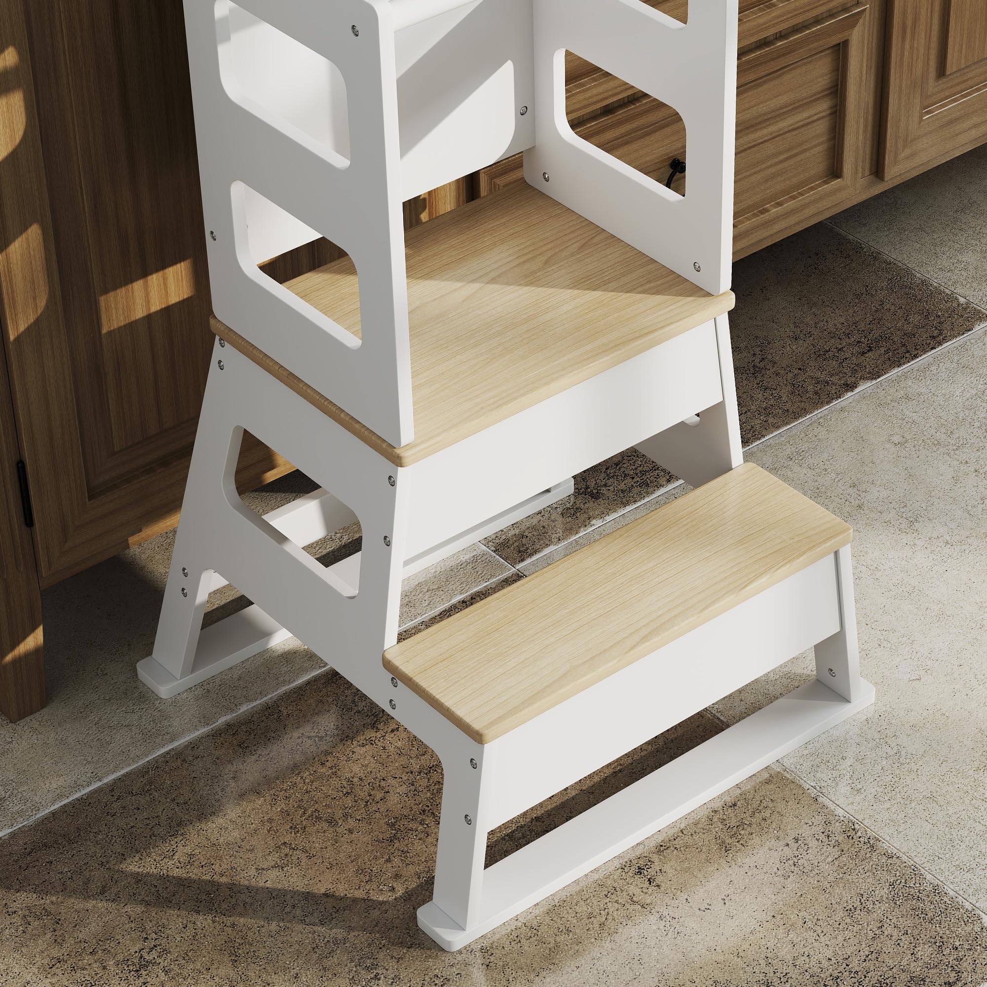 AIYAPLAY Torre de Aprendizaje 2 en 1 Taburete de Aprendizaje para Niños de 3-6 Años con Pizarra y Barrera de Seguridad para Baño Cocina 55x52,5x87,5 cm Blanco