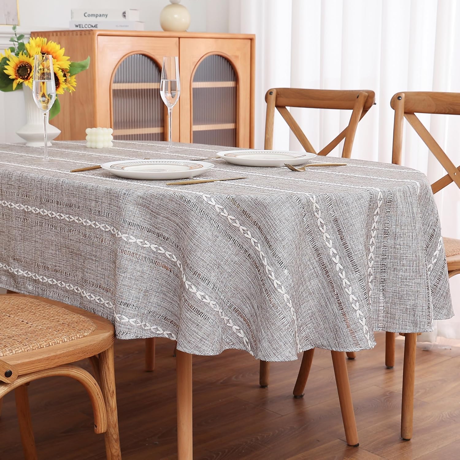 Gernaice Boho Striped Oval Tablecloth, Linen Fabric Cut-Out Embroidery Style Table Cover Dust-Proof Decoration for Dining Kitchen Home Party Oval Table, Dark Brown 60"x120"