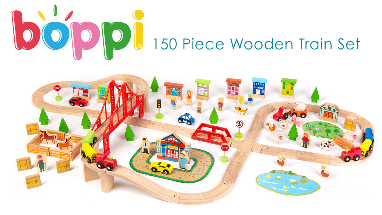 boppi-Large-Wooden-Toy-Train-Set-150-Pieces-with-Play-Accessories-Farm-Animals-City-Cars-Tractor-Bridge-2-Trains-with-Carriages-44-Piece-Railway-Track-for-Kids-aged-3-Years-plus