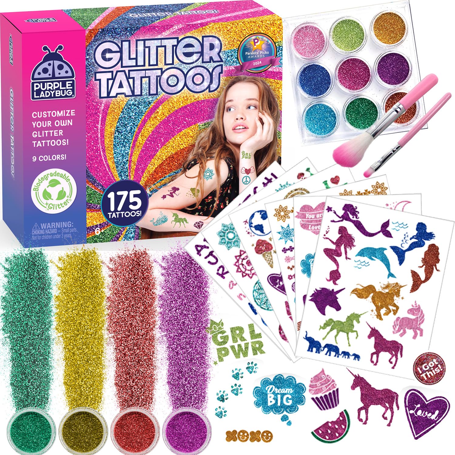 PURPLE LADYBUG Glitter Tattoo for Kids - Glitter Tattoo Kit 9 Colours, 175 Designs - Fun 5 Year Old Girls Gifts, Safe Temporary Tattoos for Girls Ages 5-12, Stocking Fillers, Early Christmas Presents