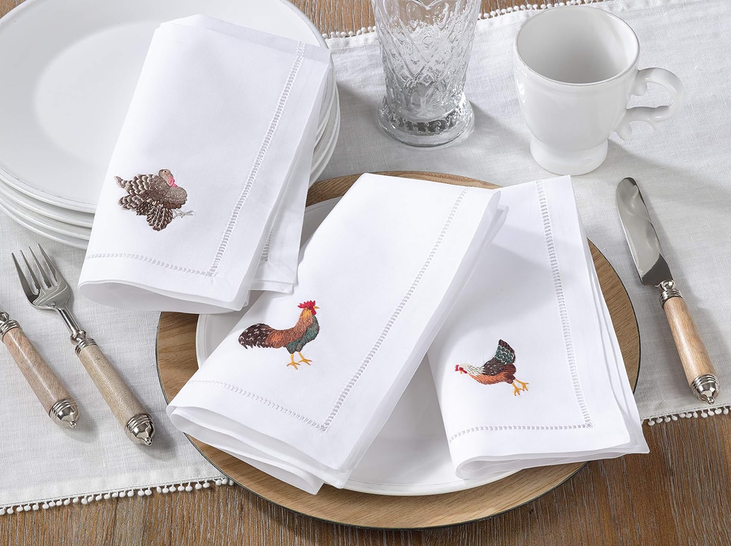 White Cotton Hemstitch Napkins with Embroidered Turkey Design, Set of 6