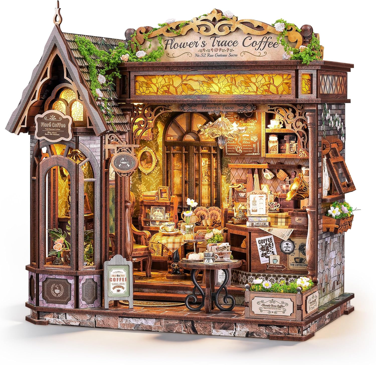 FUNPOLA Floral Mark Café DIY Miniature Dollhouse, 3D Wooden Puzzle Coffee Shop Model with Warm LED Light, Cozy Home Décor Gift for Adults