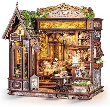 FUNPOLA Floral Mark Cafe DIY Miniature Dollhouse, 3D Wooden Puzzle Coffee Shop Model with Warm LED Light, Cozy Home Decor Gift for Adults