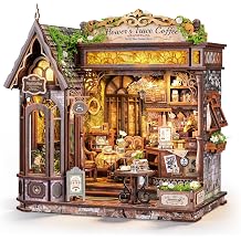 FUNPOLA Floral Mark Cafe DIY Miniature Dollhouse, 3D Wooden Puzzle Coffee Shop Model with Warm LED Light, Cozy Home Decor Gift for Adults and Teens