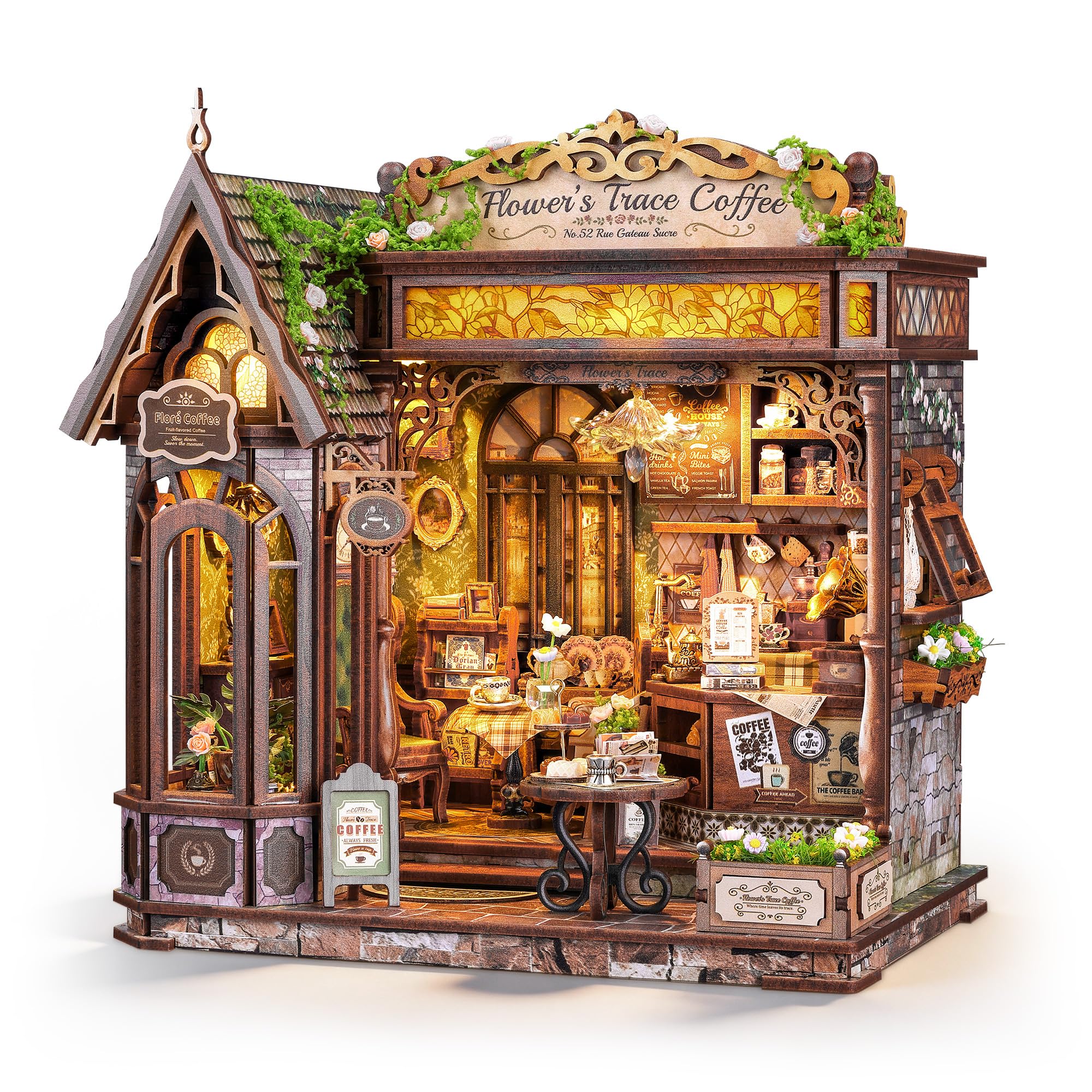 FUNPOLA Floral Mark Café DIY Miniature Dollhouse, 3D Wooden Puzzle Coffee Shop Model with Warm LED Light, Cozy Home Décor Gift for Adults and Teens