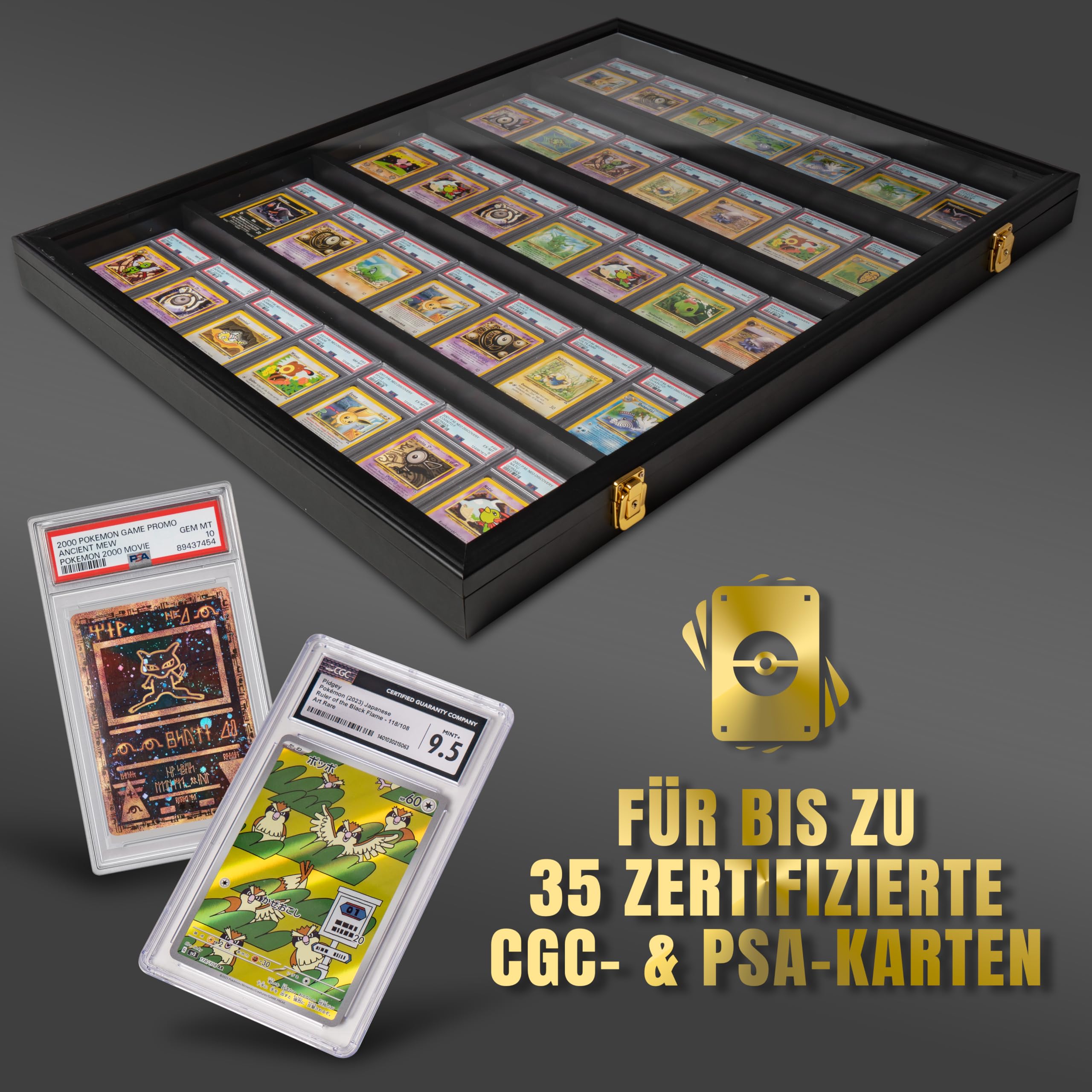 Vitrine Rahmen für Sammelkarten – Displayrahmen für PSA Karten, Wand-Vitrine für 35 Karten – kompatibel mit PSA, CGC & Beckett – 98 % UV-Schutz – ideal für Pokémon, MTG & TCG