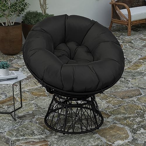 Miniatura 4 de Merrick Lane Foley Papasan - Silla giratoria para patio, marco de mimbre tejido negro, cojín negro extraíble para todo tipo de clima