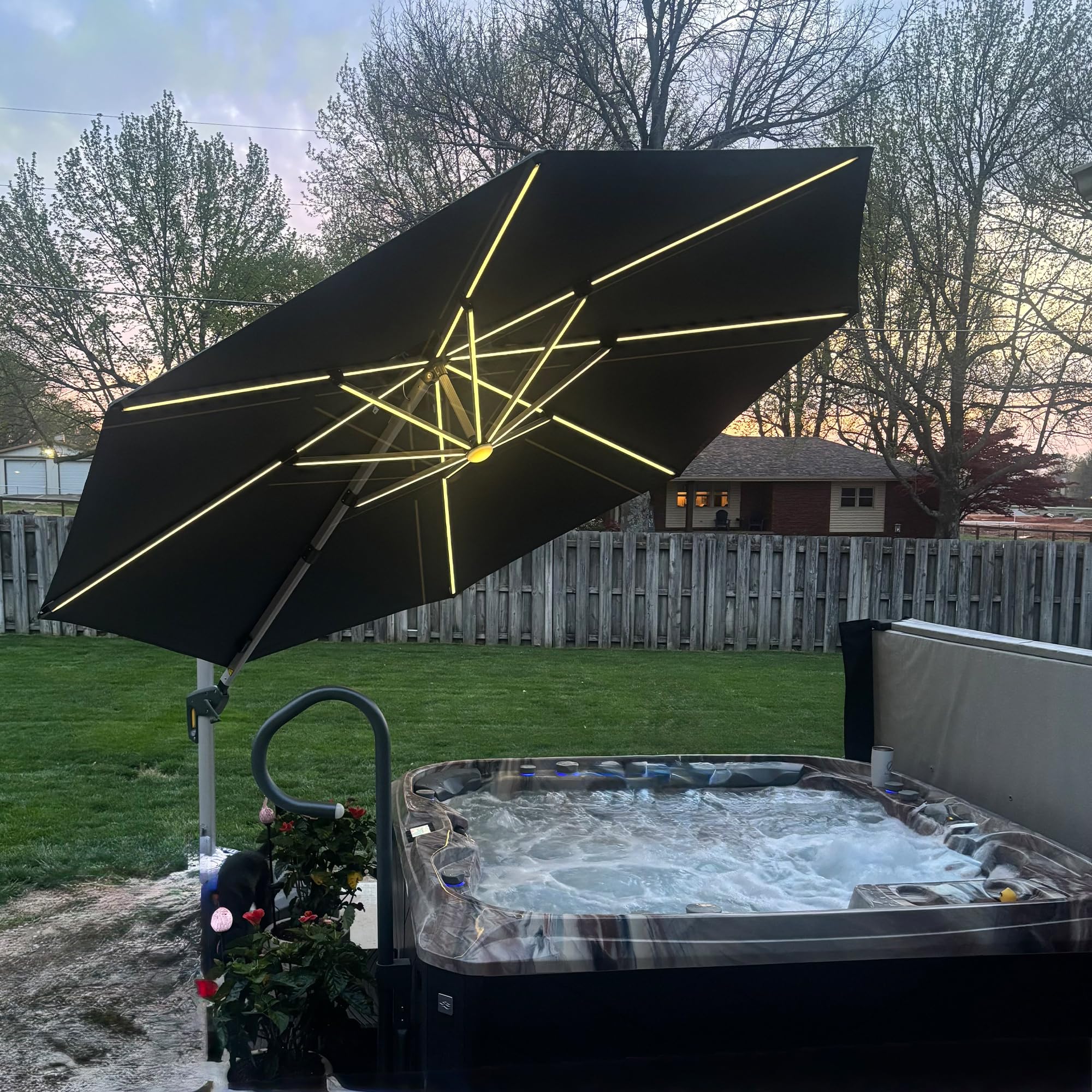PURPLE LEAF Cantilever Umbrella 12ft Solar LED Light Double Top, Grey