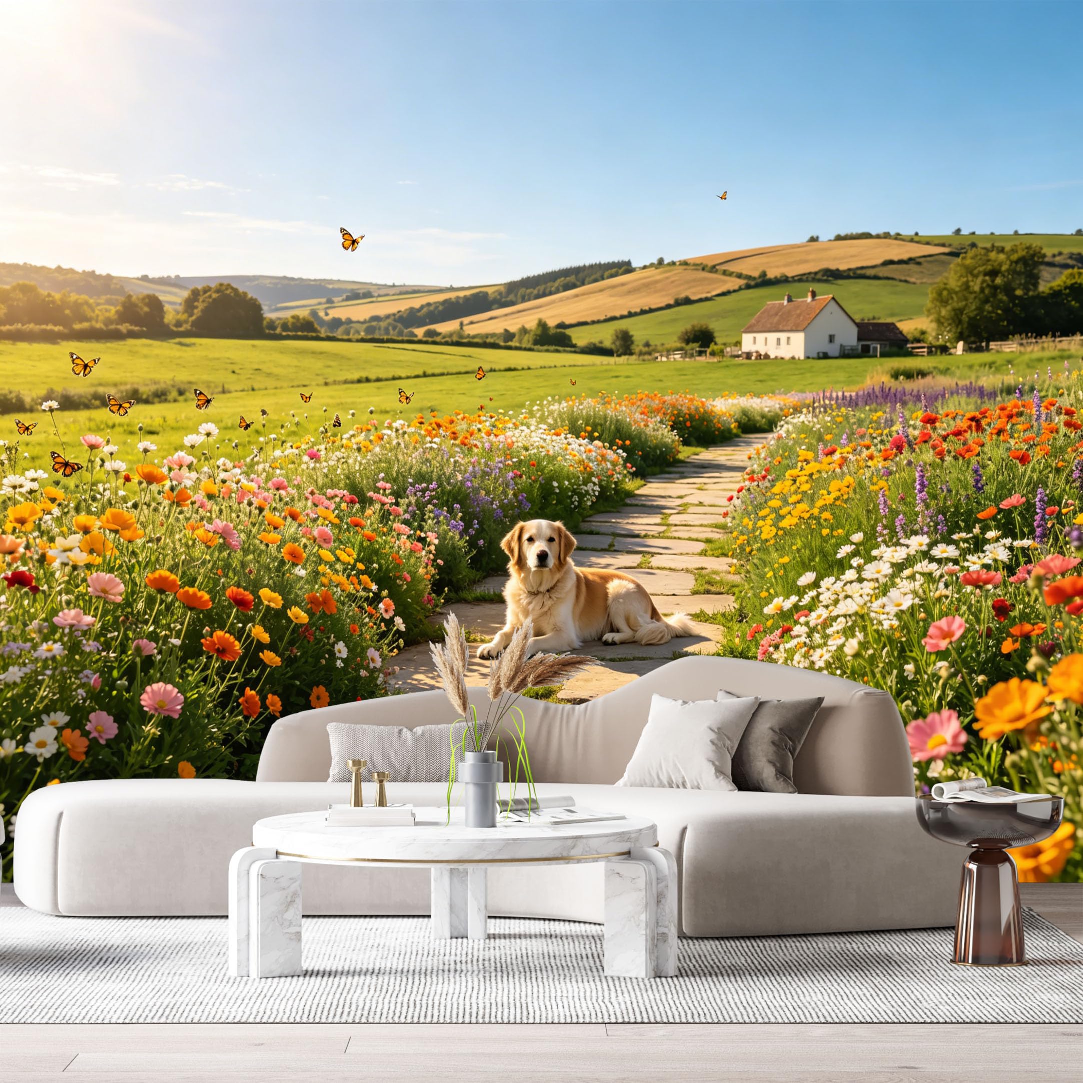 Custom Size Wall Murals Farmhouse Landscape Floral Path Butterfly SelfAdhesive Wall Fabric Removable Large Wallpaper for Photo Living Room
