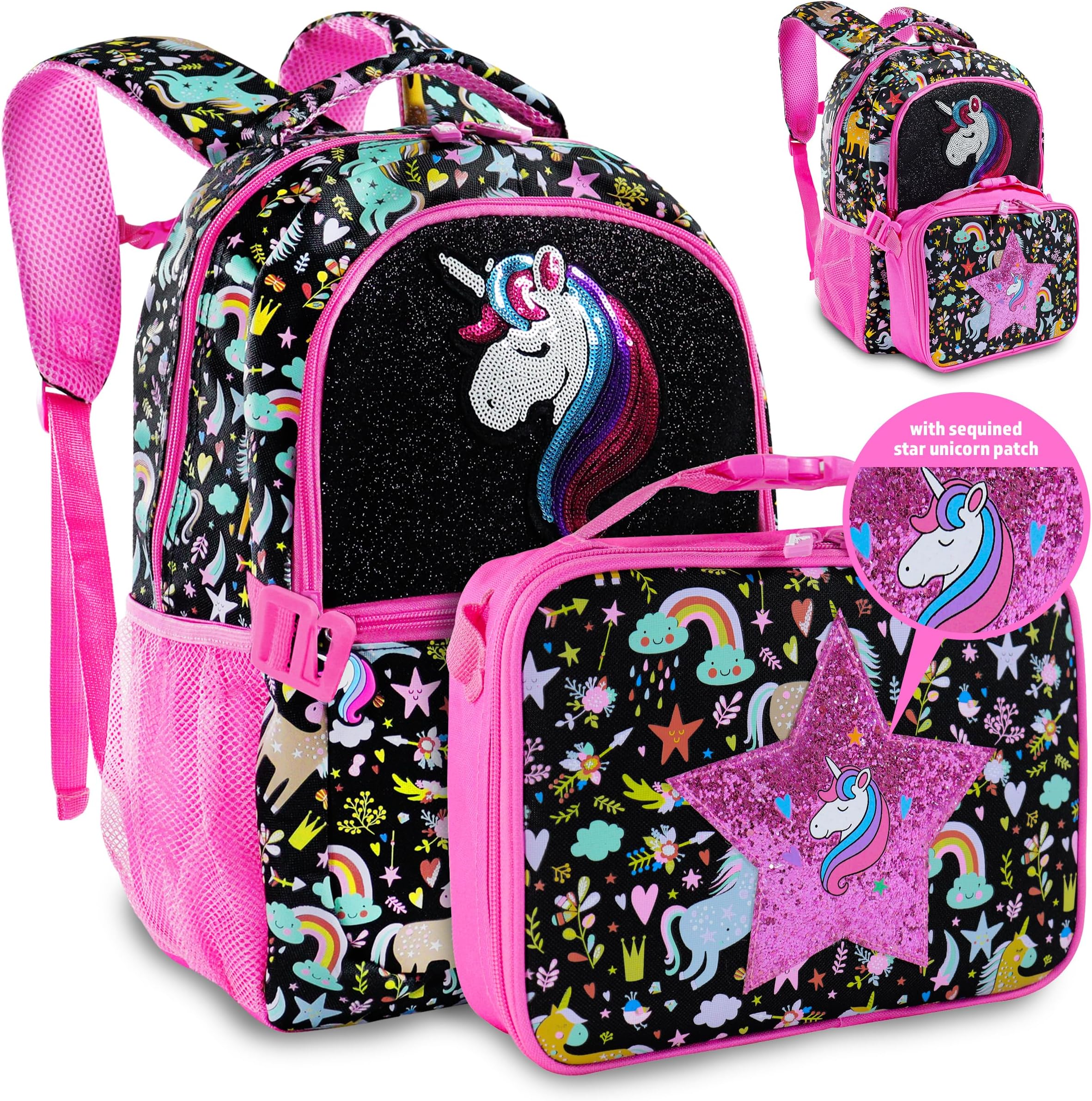 2pc Set Sequined Glittery Unicorn Backpack with Lunch Box with Star Patch, Multi-Compartment, Water-Resistant - Back to School Gift for Girls, Kids, Toddler, Preschool, Elementary