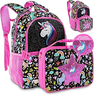 Decorably 2pc Set Sequined Glittery Unicorn Backpack with Lunch Box with Star Patch, Multi-Compartment, Water-Resistant - Back to School Gift for Girls, Kids, Toddler, Preschool, Elementary