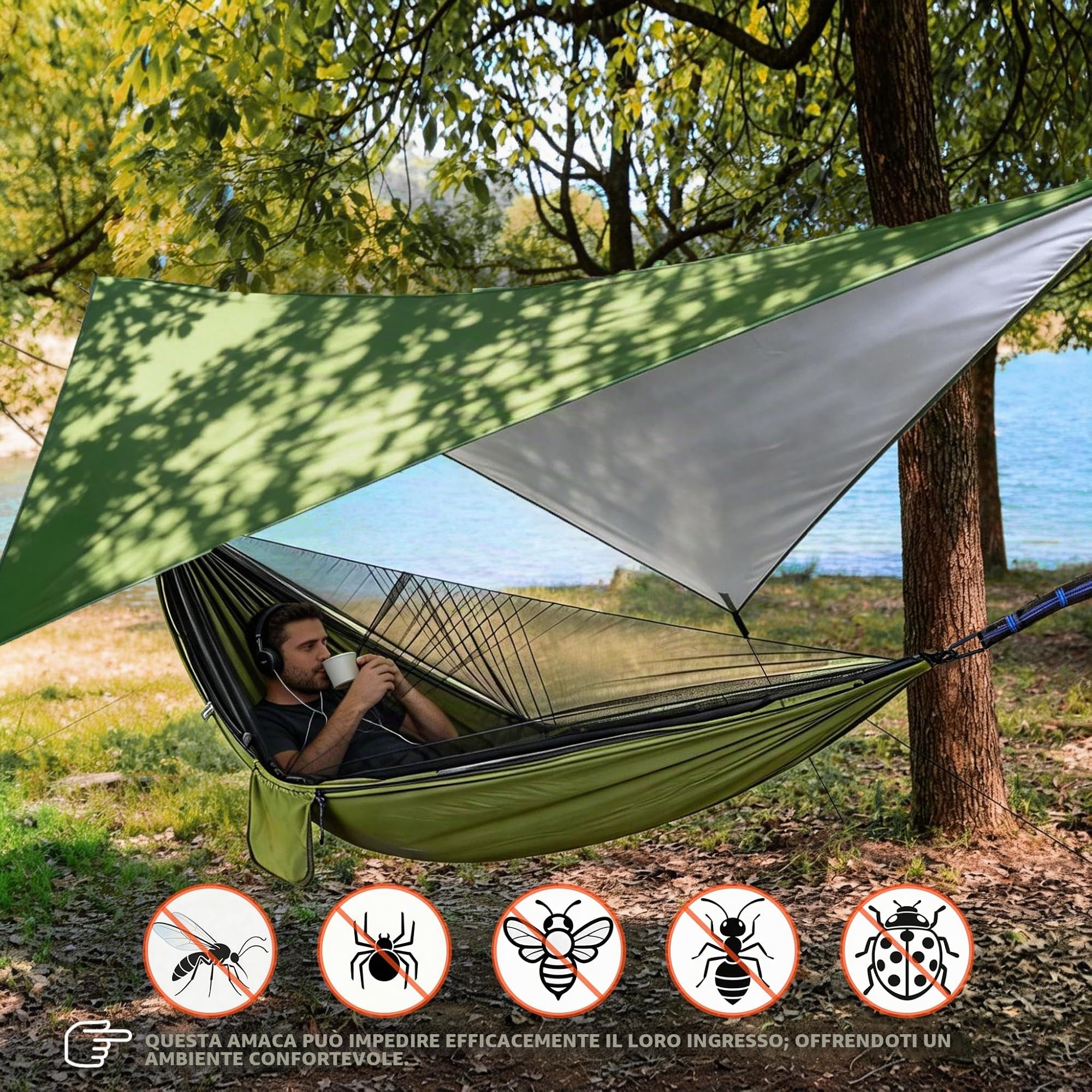 Amaca da Giardino Campeggio Leggera, Amaca da Esterno con Zanzariera e Tenda Parasole, 290x140cm 210T Doppi Strati Nylon Paracadute Amaca Sospesa per Viaggio Escursionismo