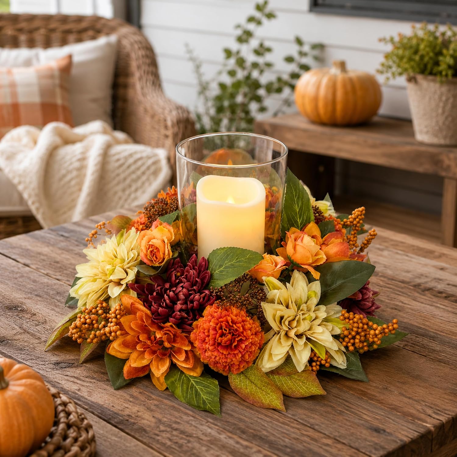 17 Inch Fall Hurricane Candle Holder with Dahlias, Mums and Berries | Cream Dahlias, Burgundy Mums, Orange Rose-Style Blooms and Berry Clusters for Thanksgiving and Harvest Table Decor