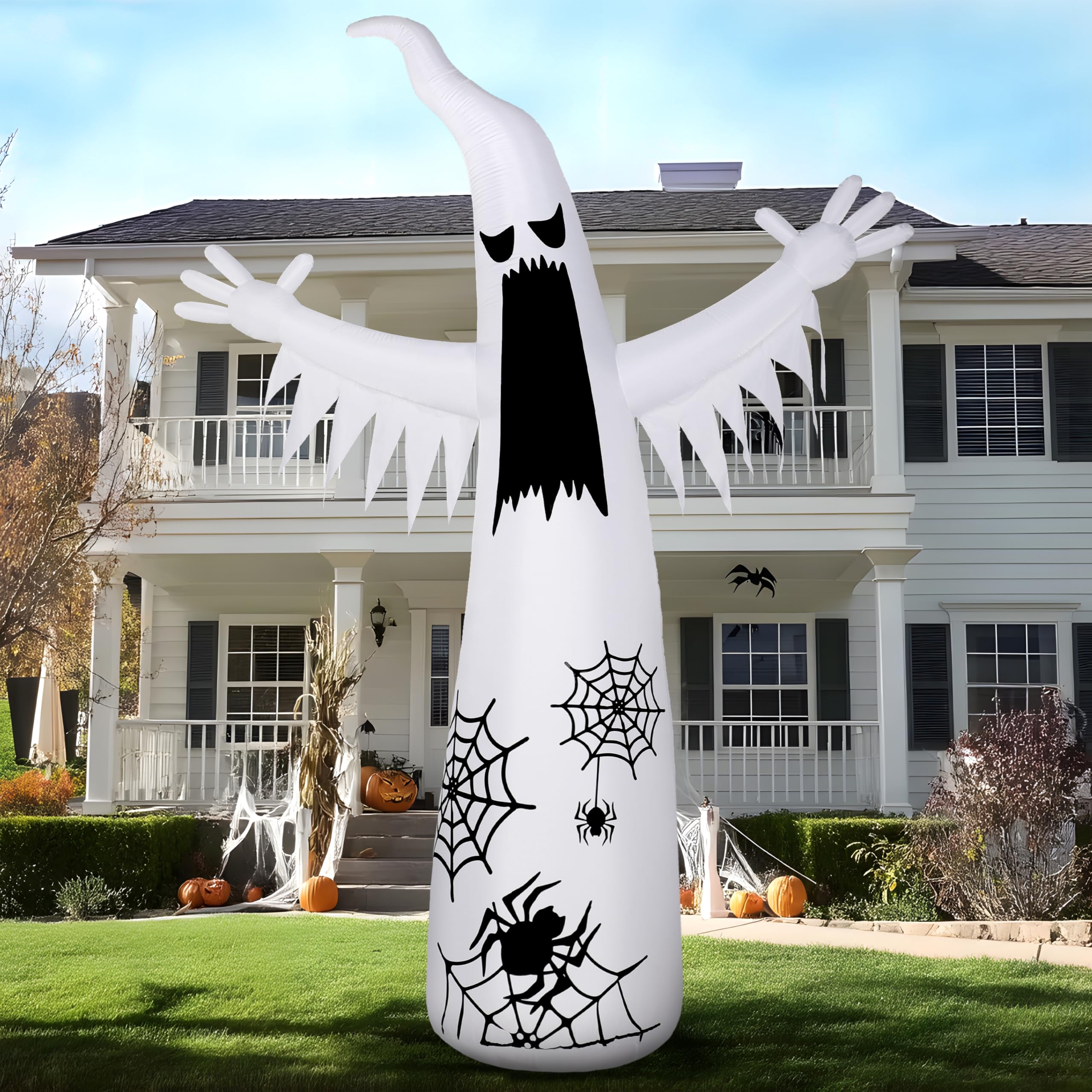 Joiedomi 12 Fuß aufblasbarer Halloween-Geist, riesige Außendekoration, aufblasbarer Halloween-Geist, Gartendekoration mit 3-farbigem blinkendem Flammenlicht für gruselige Rasenparty-Dekoration