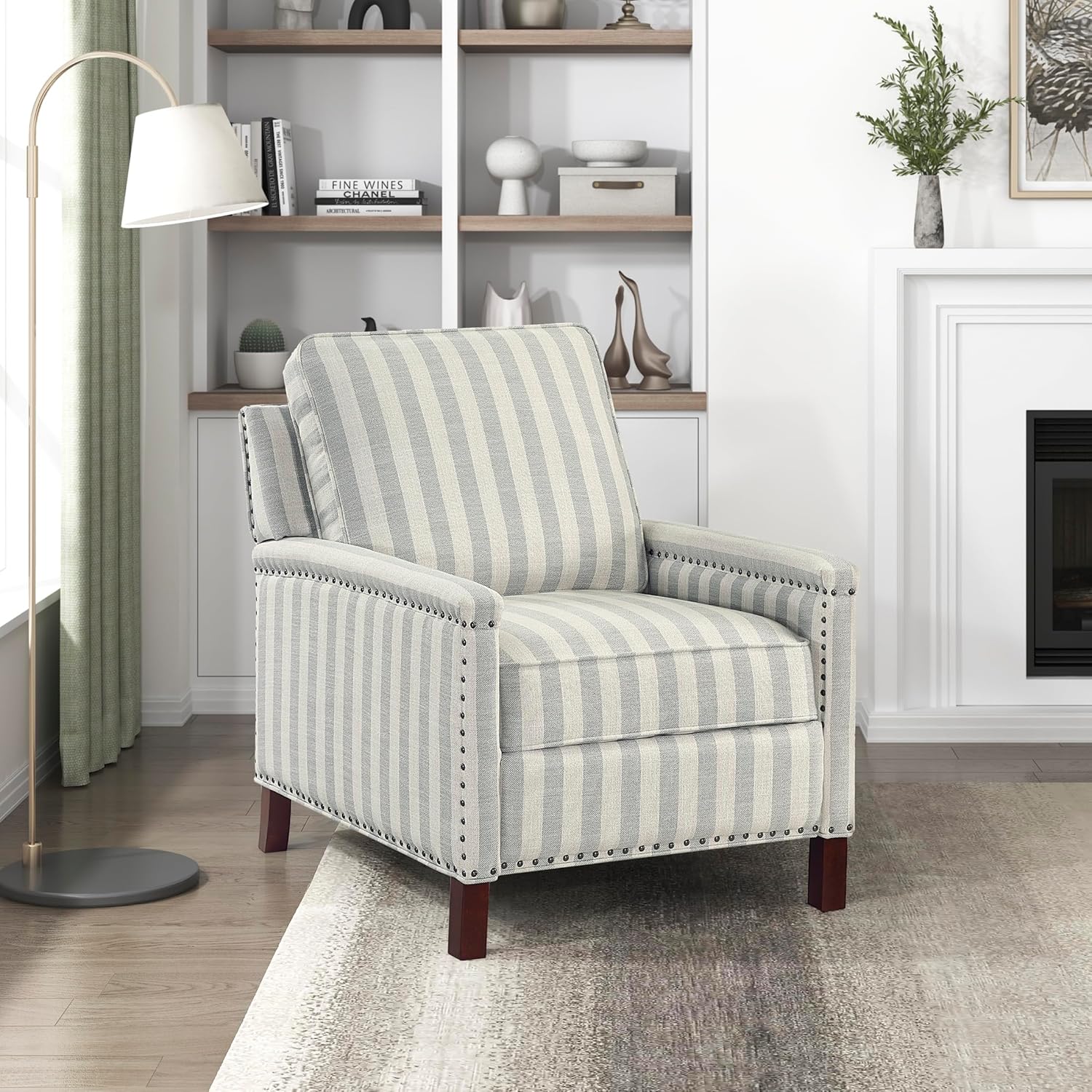 Lexicon Pushback Recliner Chair, Striped Textured Fabric Accent Armchair, Push Back Recliner, Nailhead Trim, Solid Wood Legs, Easy Assembly, for Living Room/Office/Apartment, Beige/Grayish Blue