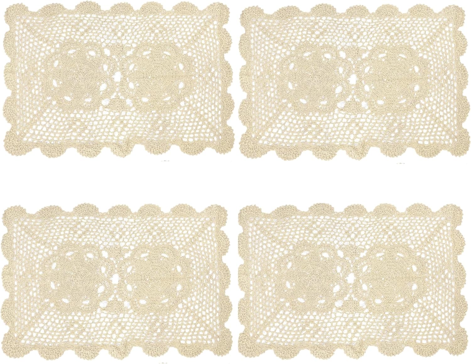 kilofly Crochet Cotton Lace Table Placemats Doilies Set, 4pc, Oblong, Beige, 15 x 23 inch