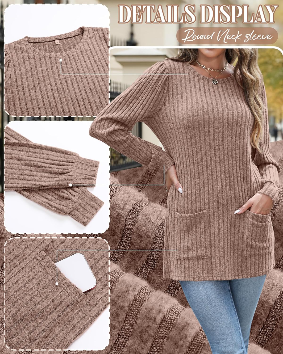 3 Pack Women's Long Sweaters with Pockets, Puff Long Sleeve Tunic Tops Crew Neck Ribbed Pullovers for Leggings - Image 2