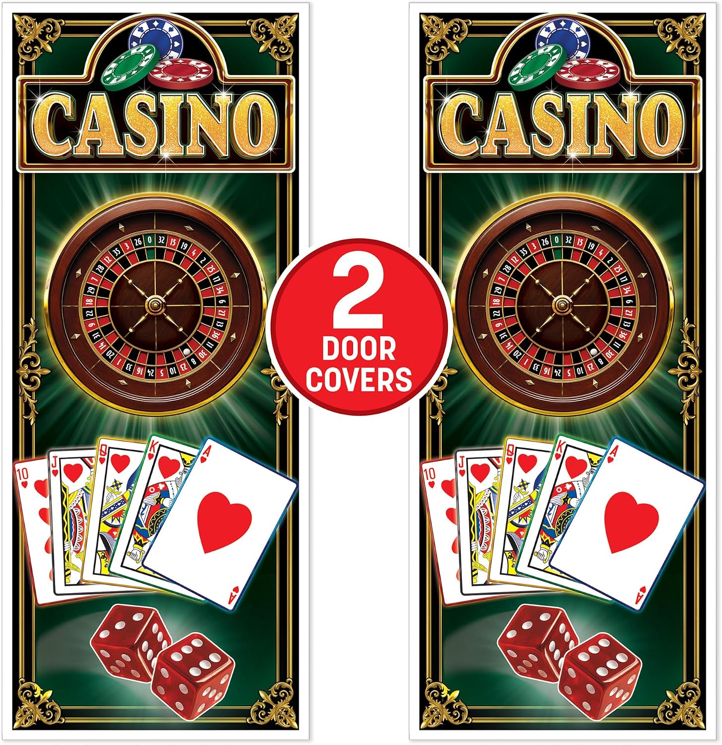 Beistle Casino High Roller Door Covers – 2 Pack, All-Weather Plastic Décor, Roulette Wheel & Playing Card Design, Gambling Decorations for Casino Night, Vegas-Style Parties & Event Entrances, 6' x 30"