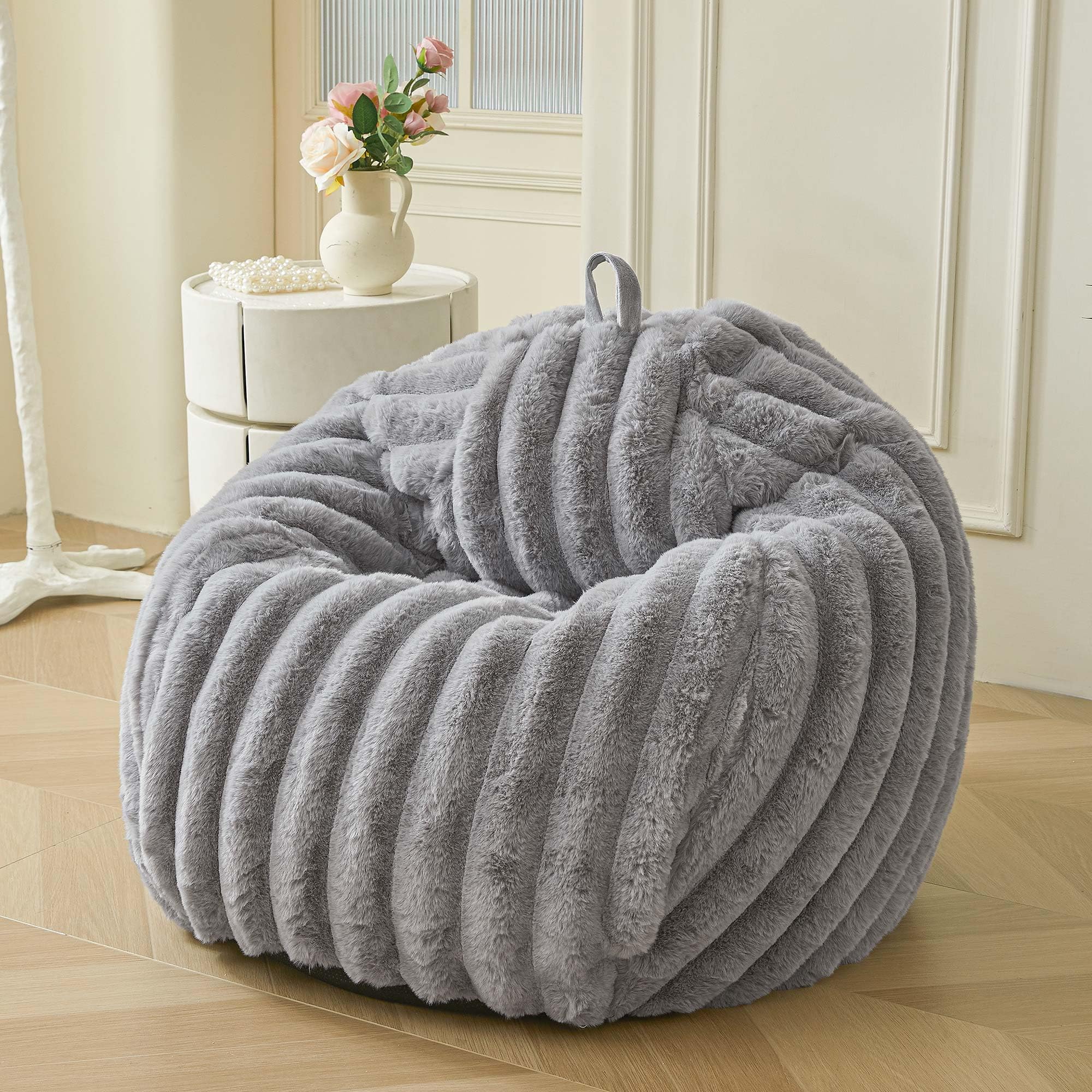 mego fluffy faux rabbit fur bean bag chair cover(no filler), soft fuzzy striped stuffed animal storage beanbag for plush toys, 3ft big shaggy decorative floor lounger bedroom living room, light grey