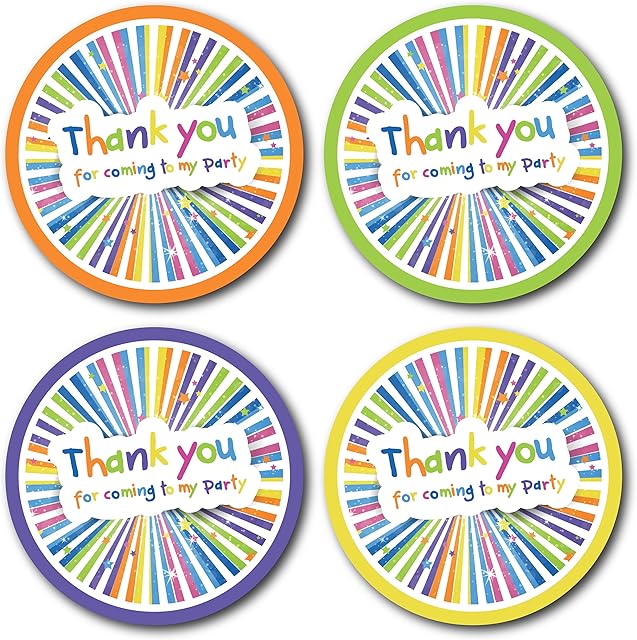 Olivia Samuel 40mm Colourful Thank You for Coming To My Party Stickers. 4 Bright Colours (24 Stickers). Great for party bags, sweet cones and birthday party bag fillers.