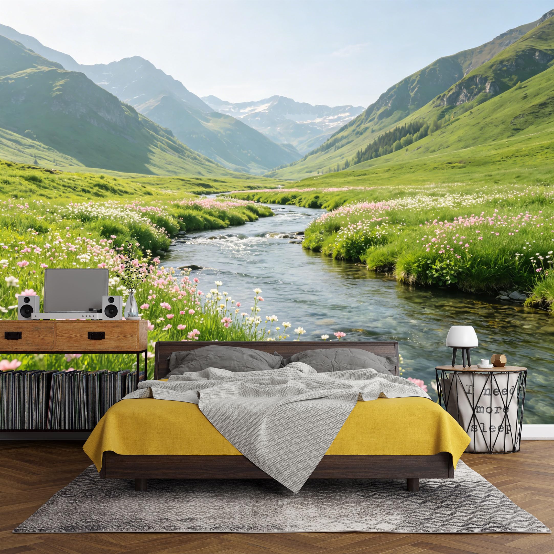Custom Size Wall Mural， Mountain Valley River Wildflower Landscape，SelfAdhesive Art Prints wall Fabric (No PVC) Removable Wallpaper Living Room Decor