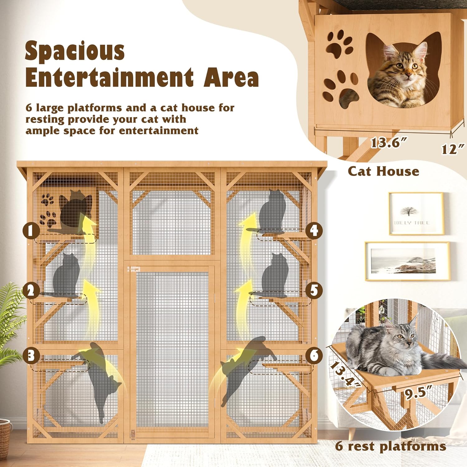 Catio Cat House Cage Enclosure, Outdoor/Indoor Wooden Cat Enclosures with Separate Kennel, 5 Large Platforms and Waterproof Asphalt Roof for Patio, Backyard (Burlywood)