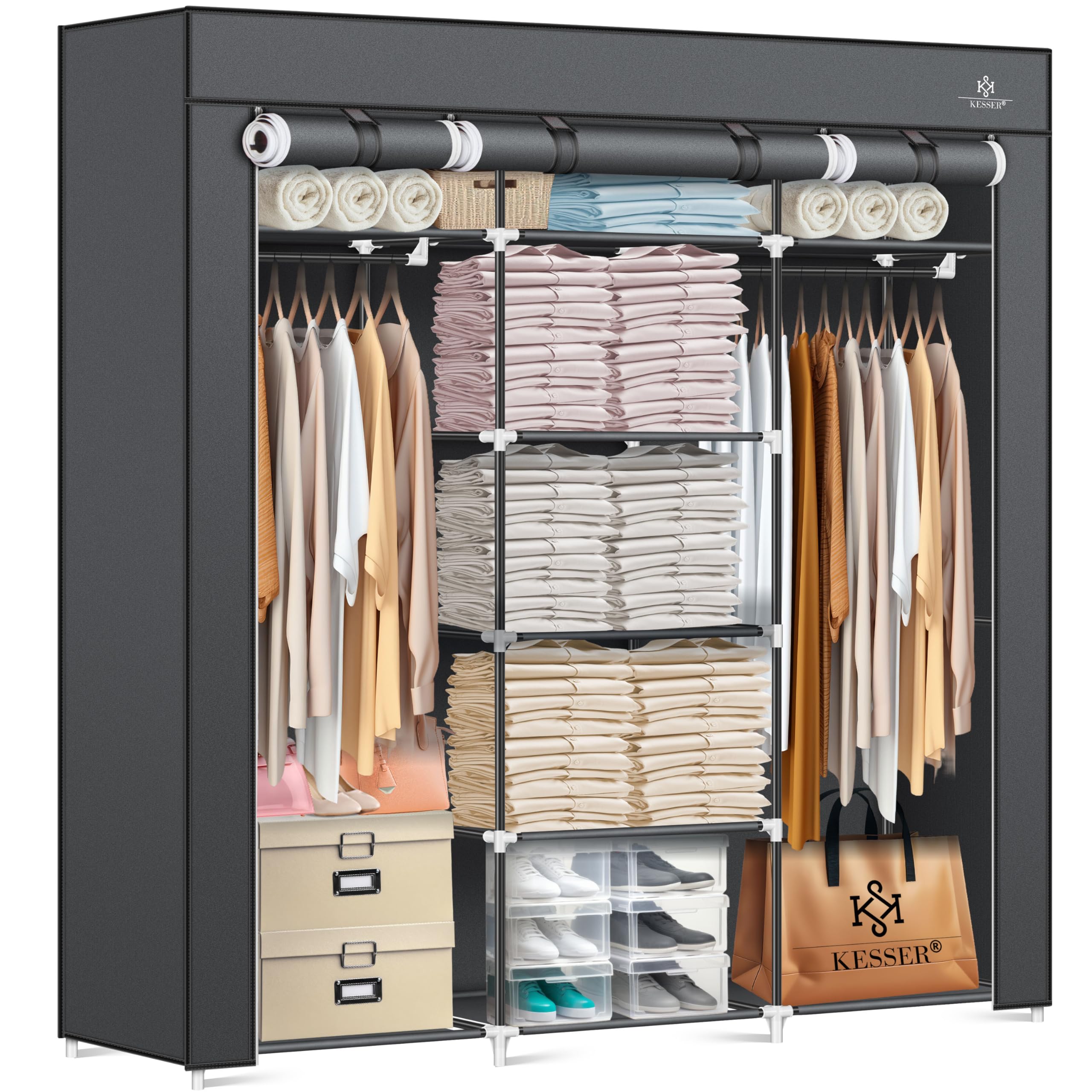KESSER® Kleiderschrank Stoffschrank Stabil mit Kleiderstange & Ablagen, Inkl. 5X Kleiderbügel, Stoff Faltschrank für Schlafzimmer, Ankleidezimmer Garderobe mit Kleiderständer 150x45x175cm Anthrazit