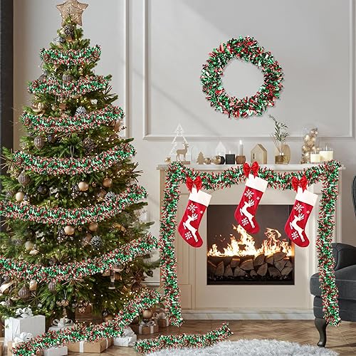 Miniatura 6 de Guirnalda de oropel navideño de 50 pies para decoraciones de árbol de Navidad, rojo verde plateado metálico brillante colgante, guirnaldas navideñas