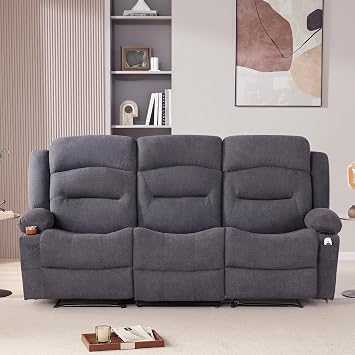 Weture Oversized Recliner Sofa with Heat and Massage, Wall-Hugger Reclining Sofa with Cup Holders and USB Port, Big Large 3-Seater RV Recliner Couch Sofa for Living Room Fabric, Grey