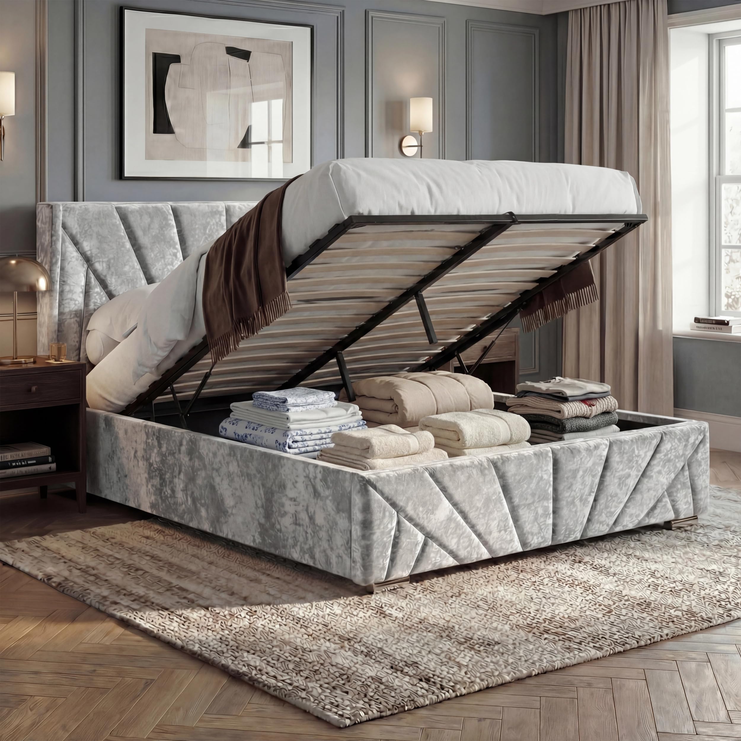 Blisswood Double Ottoman Bed Frame, Velvet Upholstered Bed Frame with Headboard, UKFR Wooden Ottoman Storage Bed with Gas Lift End Opening, 4ft6 Double Bedroom Furniture (Crushed Velvet, 145 x 205cm)