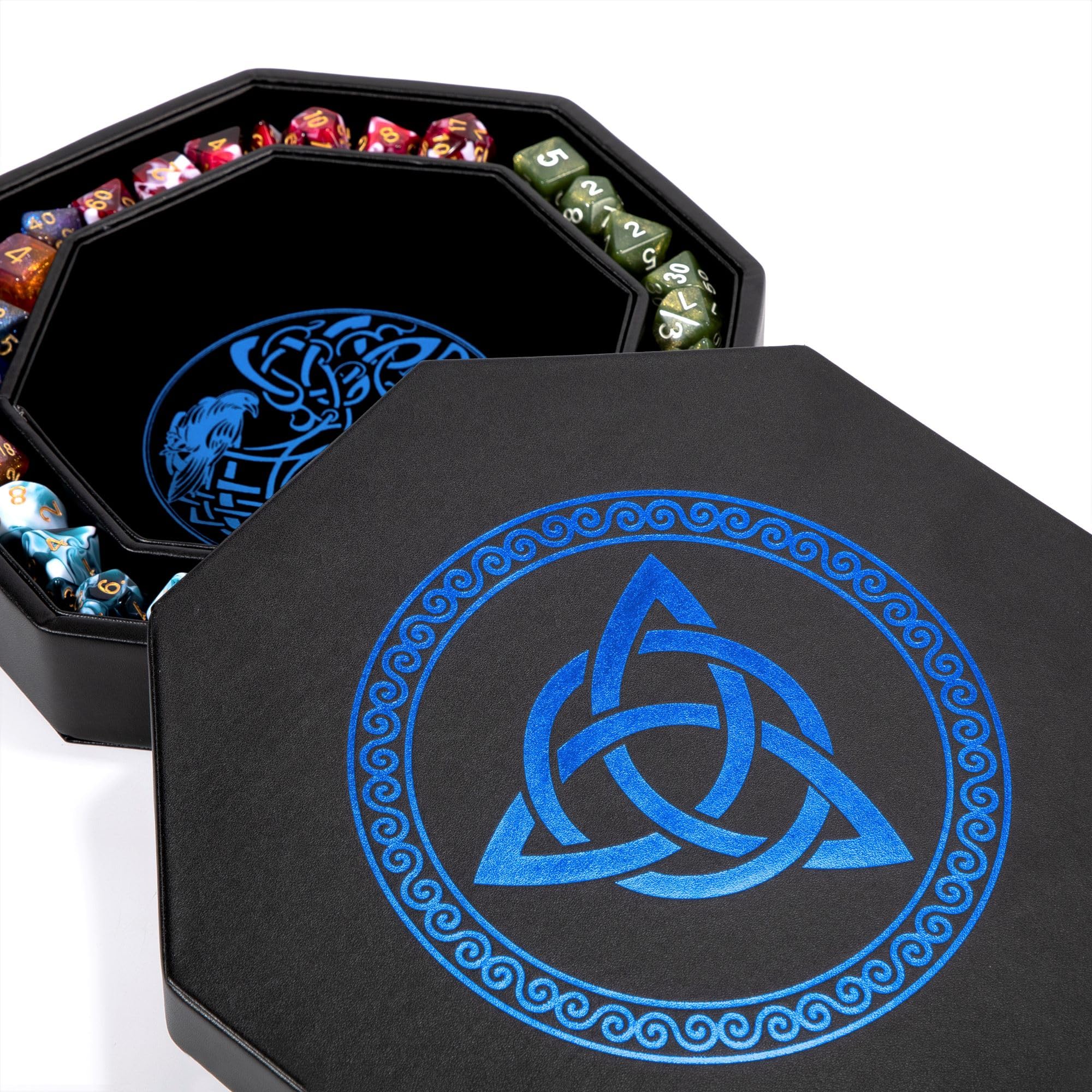 DND Dice Tray - Premium 9 Inch Tray Dungeons and Dragons - Exquisitely Detailed Blue World Tree & Triquetra Design - Perfect Rolling & Box Storage to