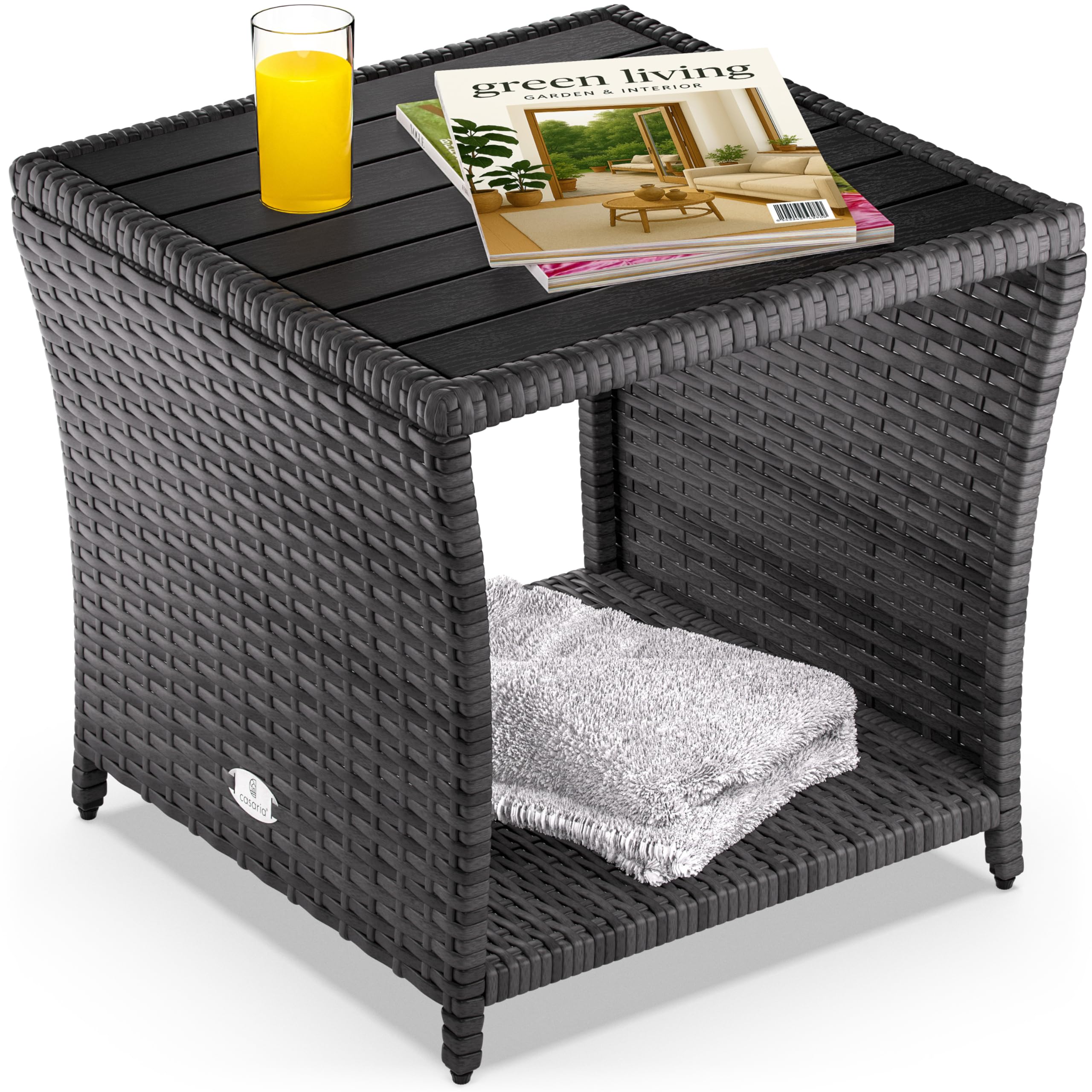 Casaria® Polyrattan Beistelltisch mit WPC Tischplatte Grau | 45x45x40cm, 80kg Belastbarkeit, Wetterfest, Tisch, Ablagetisch, Balkon, Terrasse, Garten, Outdoor, Gartenmöbel, Coffee table