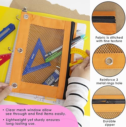 Miniatura 3 de BAZIC - Estuche para lápices de 3 anillos con agujeros de anillos reforzados con remaches, bolsas de malla de color pastel con cremallera para