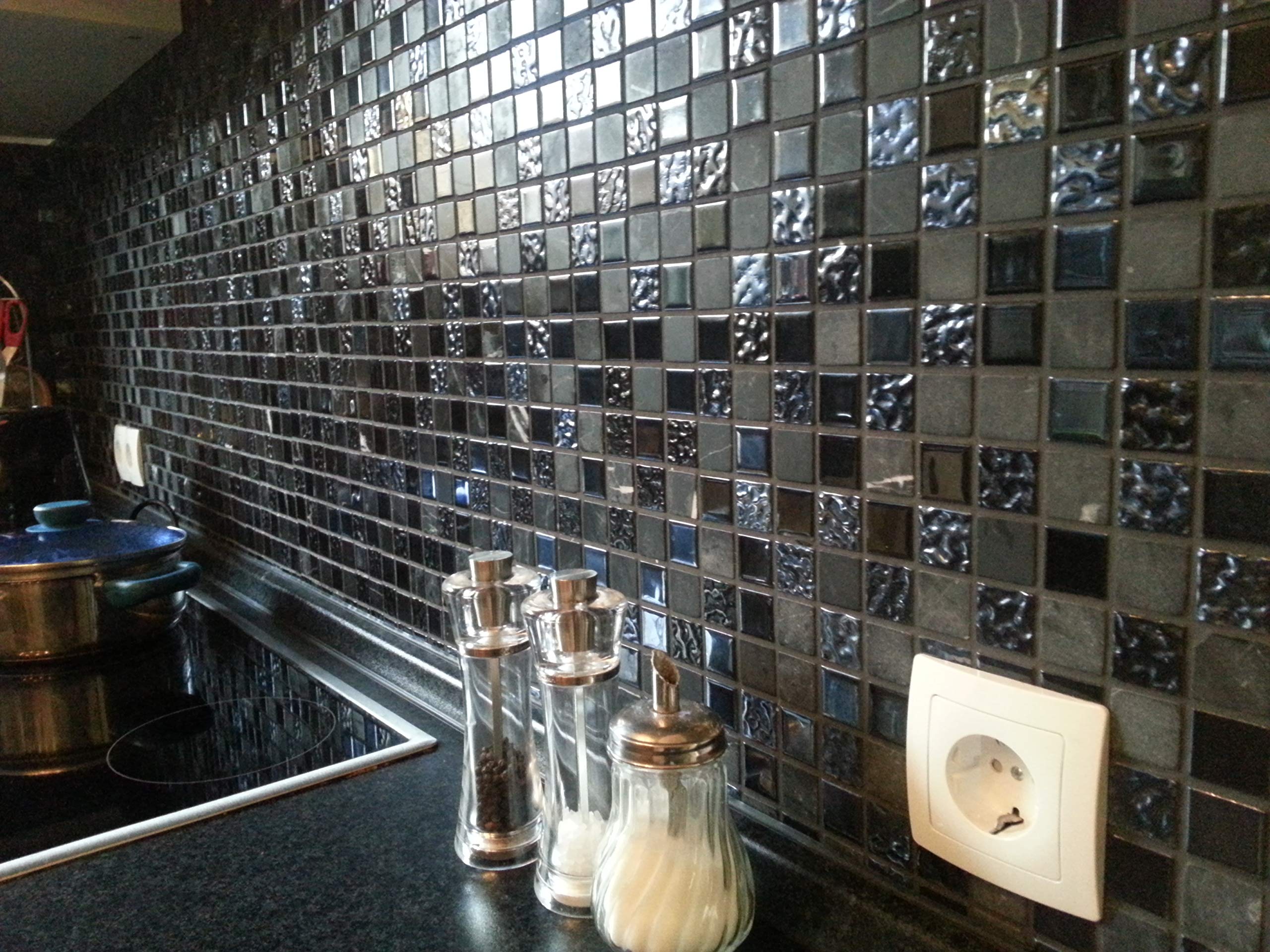 Azulejo de mosaico de cristal gris y negro, para pared, baño, ducha, cocina, tamaño de la alfombra: 327 x 302 = 0,10 m², tamaño de la piedra: 25 x 25 x 4 mm, 1 alfombrilla