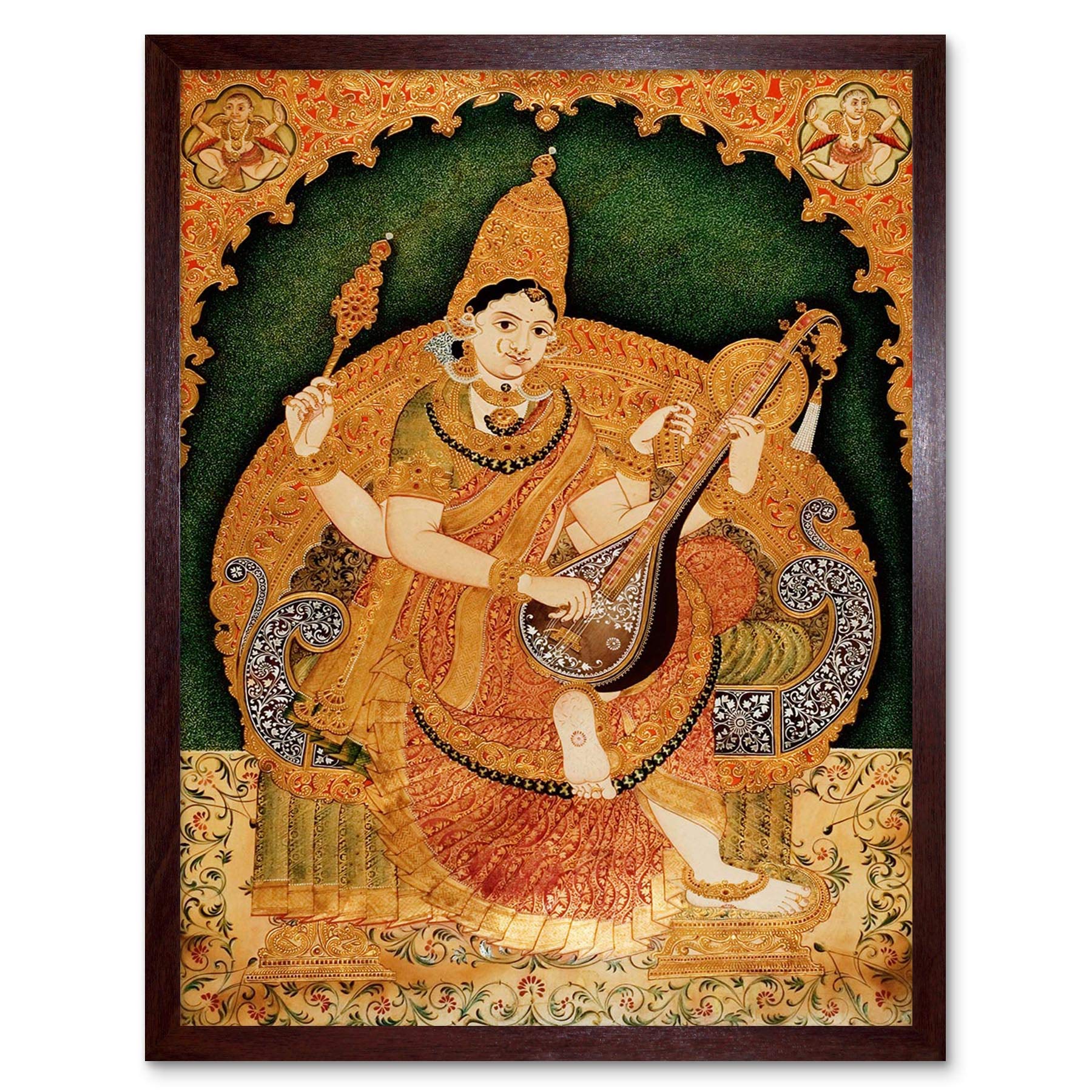 Wee Blue Coo Painting Krishnappa Hindu Goddess Saraswati Art Print Framed Poster Wall Decor 12X16 Inch