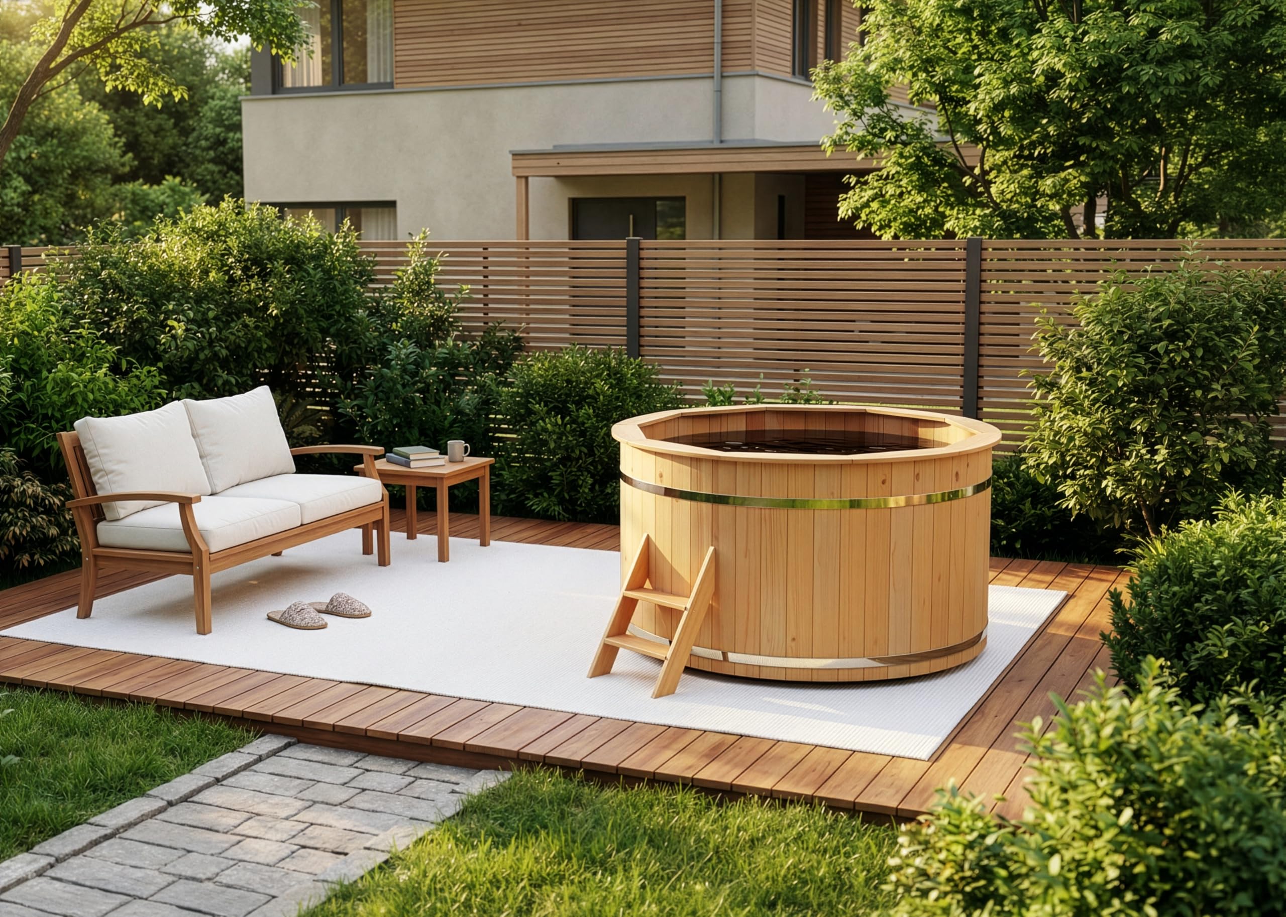 Holz Badefass Bergen, Hot Tub Ø 180 x 110 cm für 5-6 Personen, inkl. Einstiegsleiter & Sitzbänken